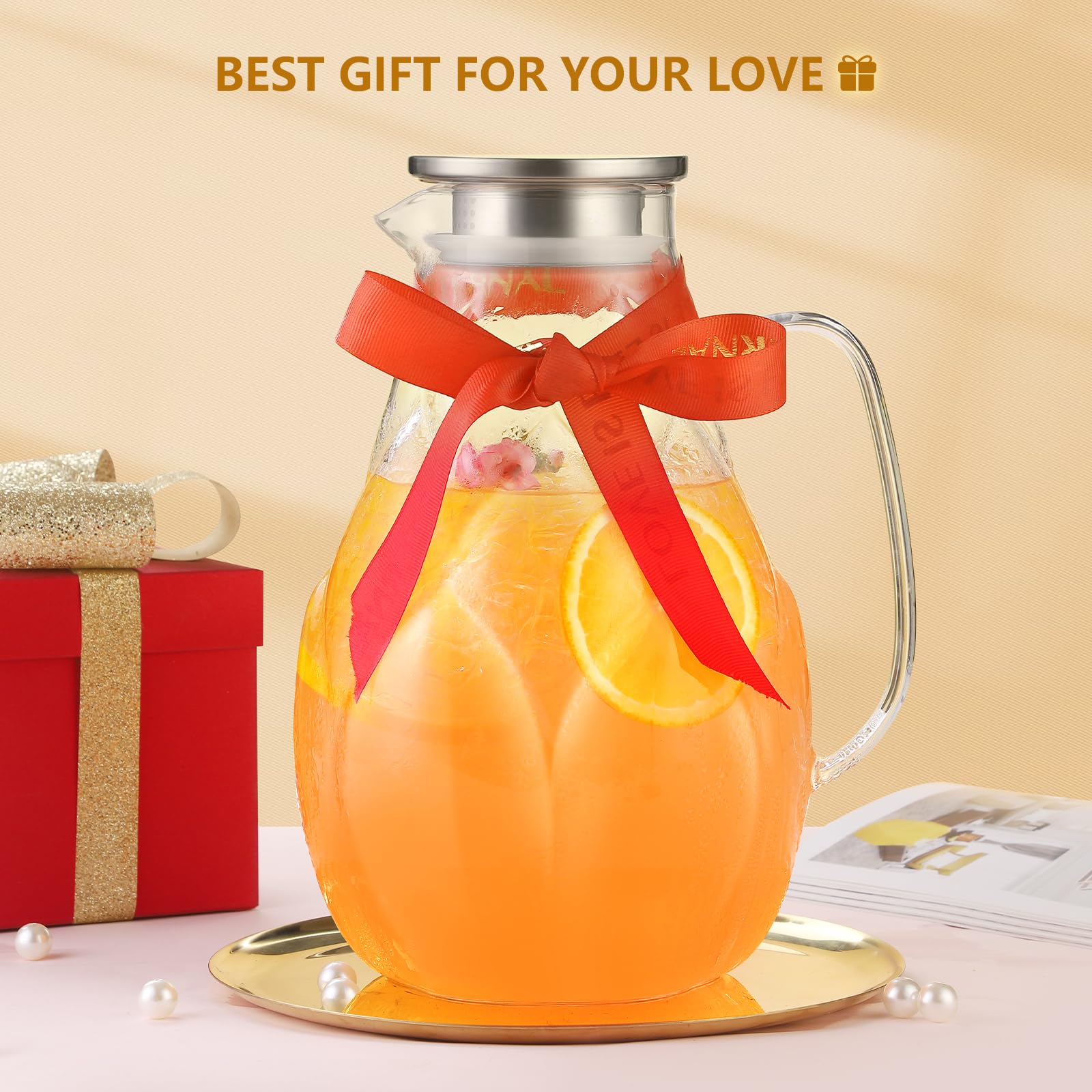 102oz Glass Pitcher with Lid - Stainless Steel Large Iced Tea Pitcher with Unique Petal Design - Lightweight Borosilicate Glass for Hot & Cold Drinks - Perfect for Iced Tea, Lemonade, Cocktails & Party Serving