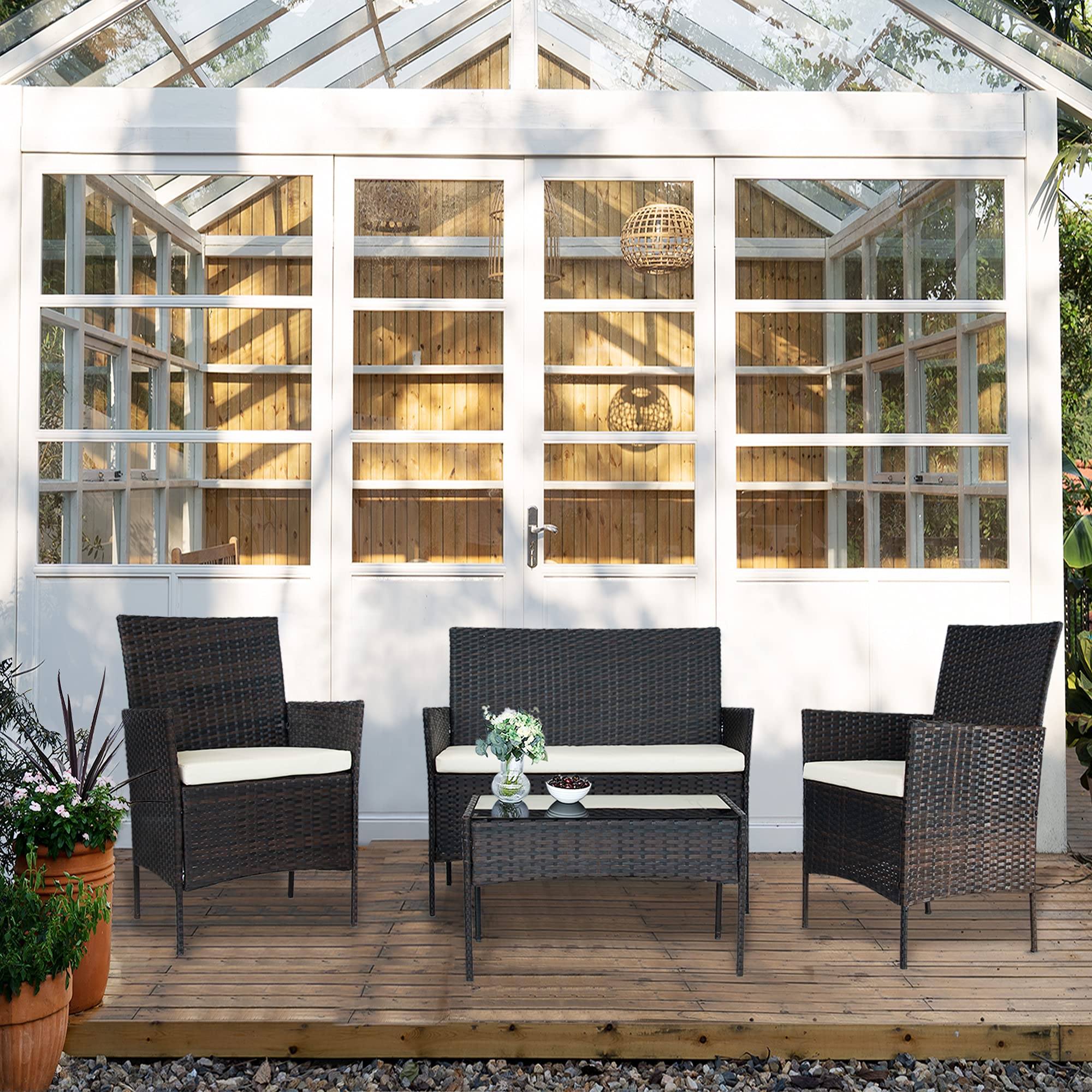 3-Piece Outdoor Wicker Patio Furniture Set - PE Rattan Sofa Chairs with Washable Cushions & Tempered Glass Tabletop - Brown - Perfect for Garden, Porch, Backyard and Poolside Relaxation