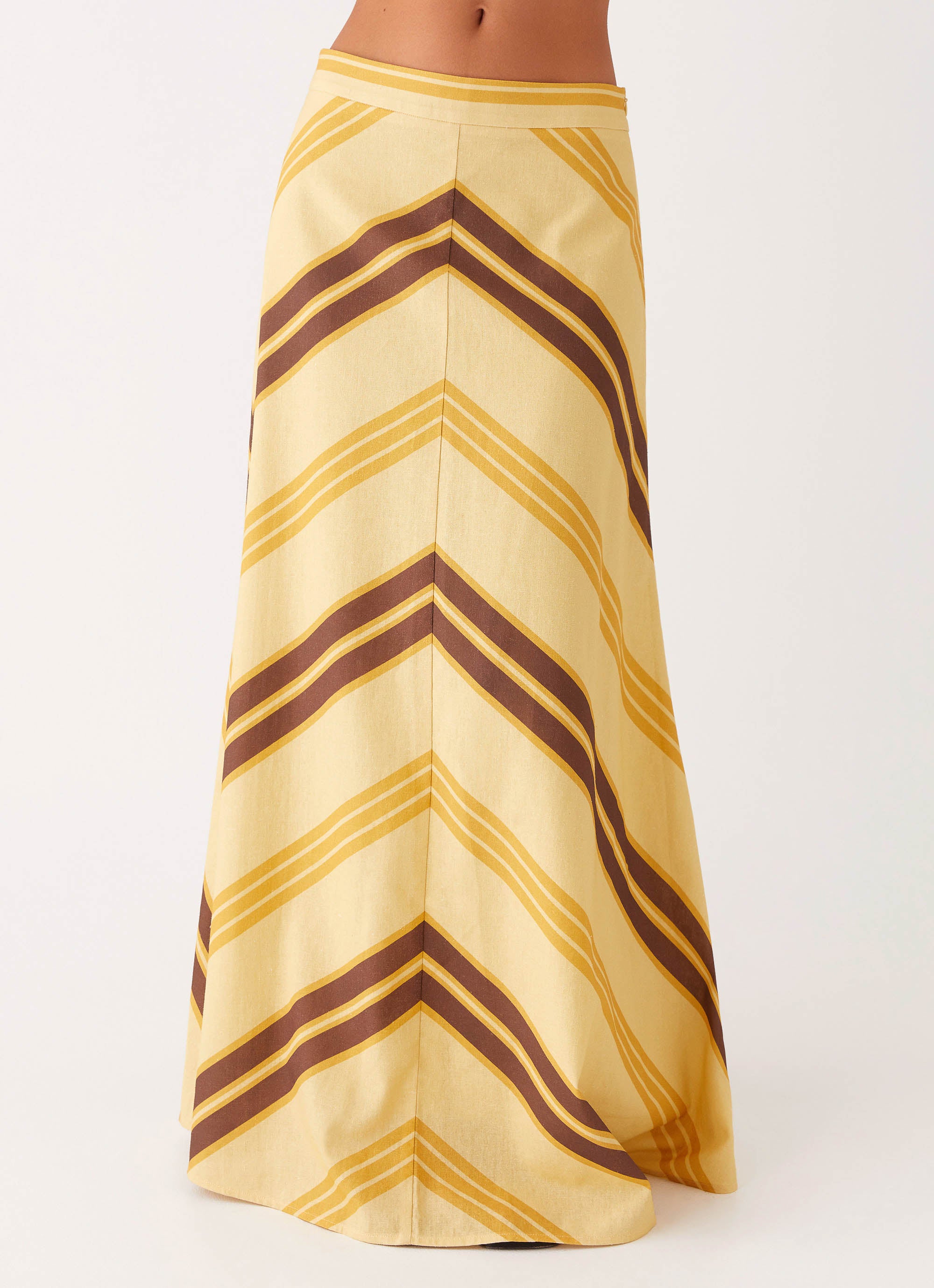 About Me Maxi Skirt - Yellow Brown Stripe Flowy Long Skirt for Women | Boho Chic Summer Beach Dress | Perfect for Vacations, Music Festivals & Casual Outings