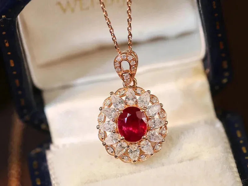 18K Rose Gold Pendant Necklace with Genuine Mozambique Ruby & Diamonds - Elegant Classic Shape Jewelry for Women, Perfect for Engagement, Anniversary & Special Occasions