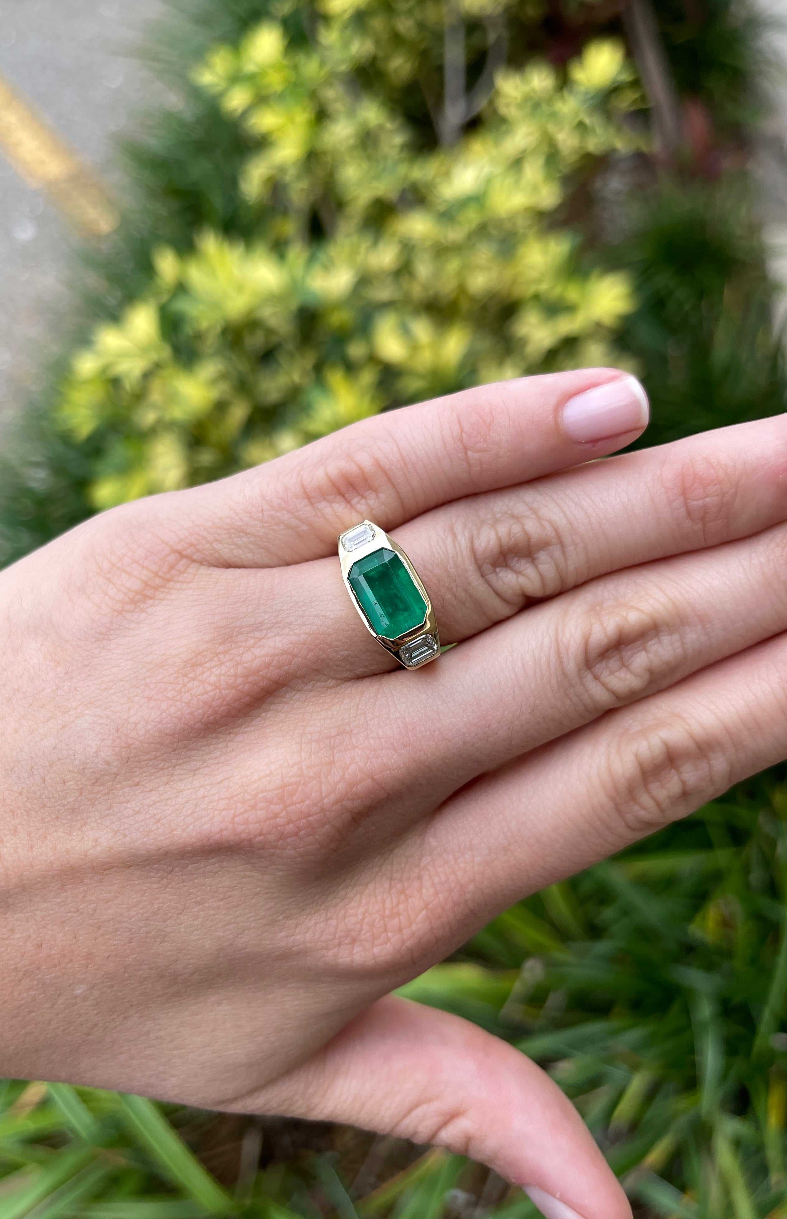 4.50tcw East to West Three Stone Emerald & Emerald Cut Diamond Gypsy Ring in 18K Gold - Perfect for Engagement, Wedding, Anniversary & Special Occasions