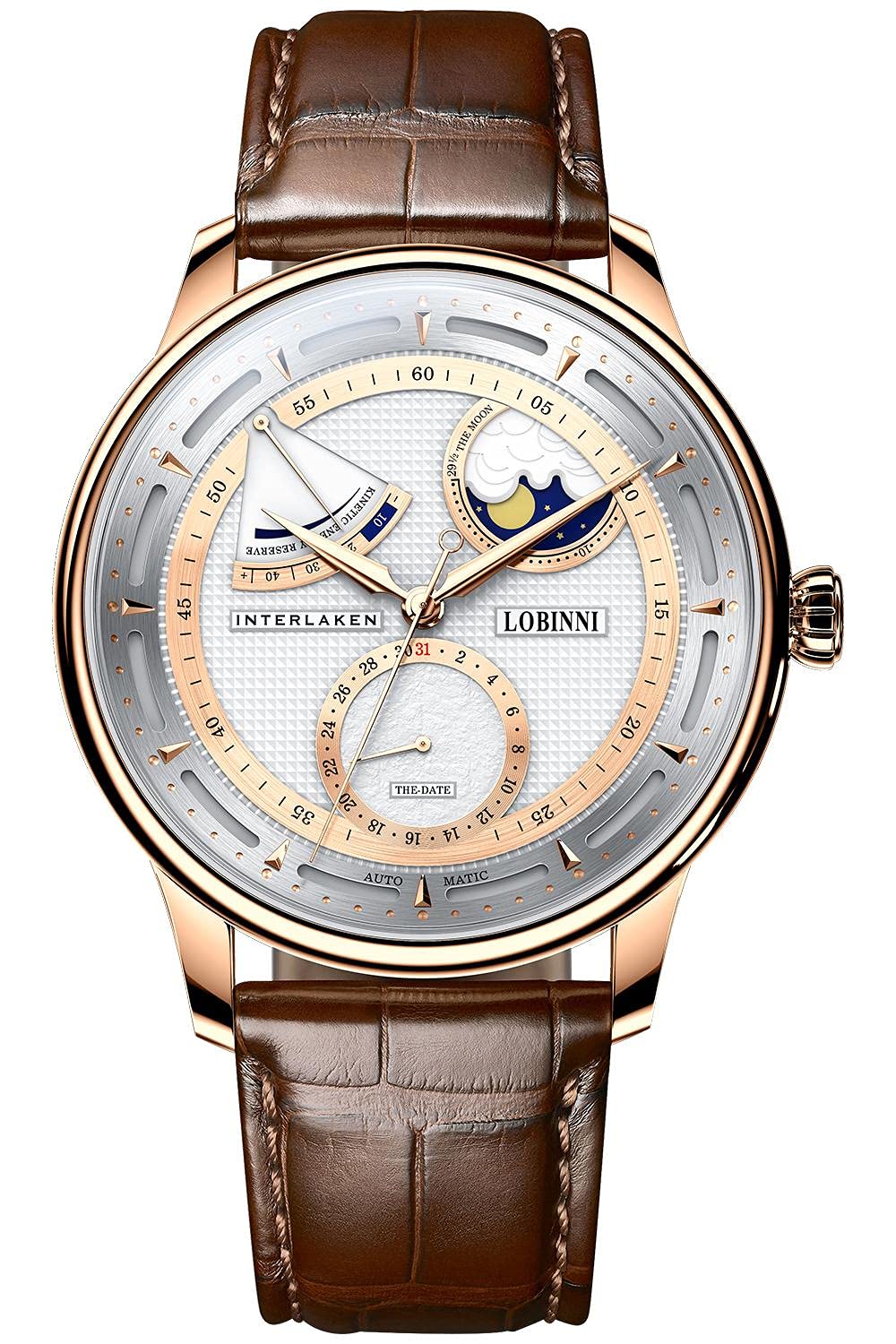 LOBINNI Men's Moon Phase Automatic Mechanical Watch - Waterproof Luxury Dress Wristwatch for Business & Formal Occasions