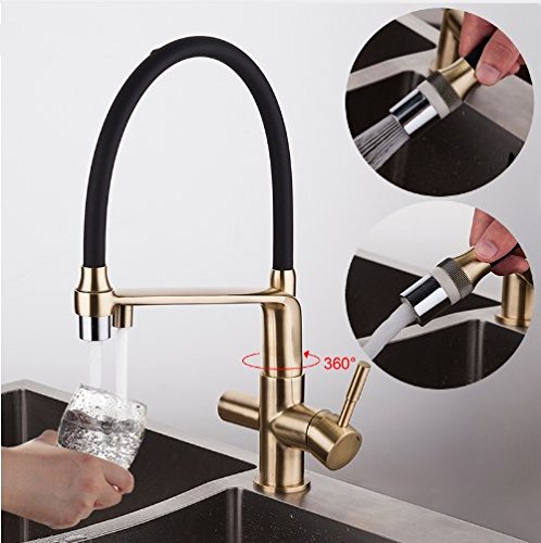 GOWE Golden Kitchen Faucet with Water Filter - Brass Pull Down Sprayer Mixer Tap for Modern Home Kitchen (Ideal for Cooking, Washing Dishes & Filtered Drinking Water)