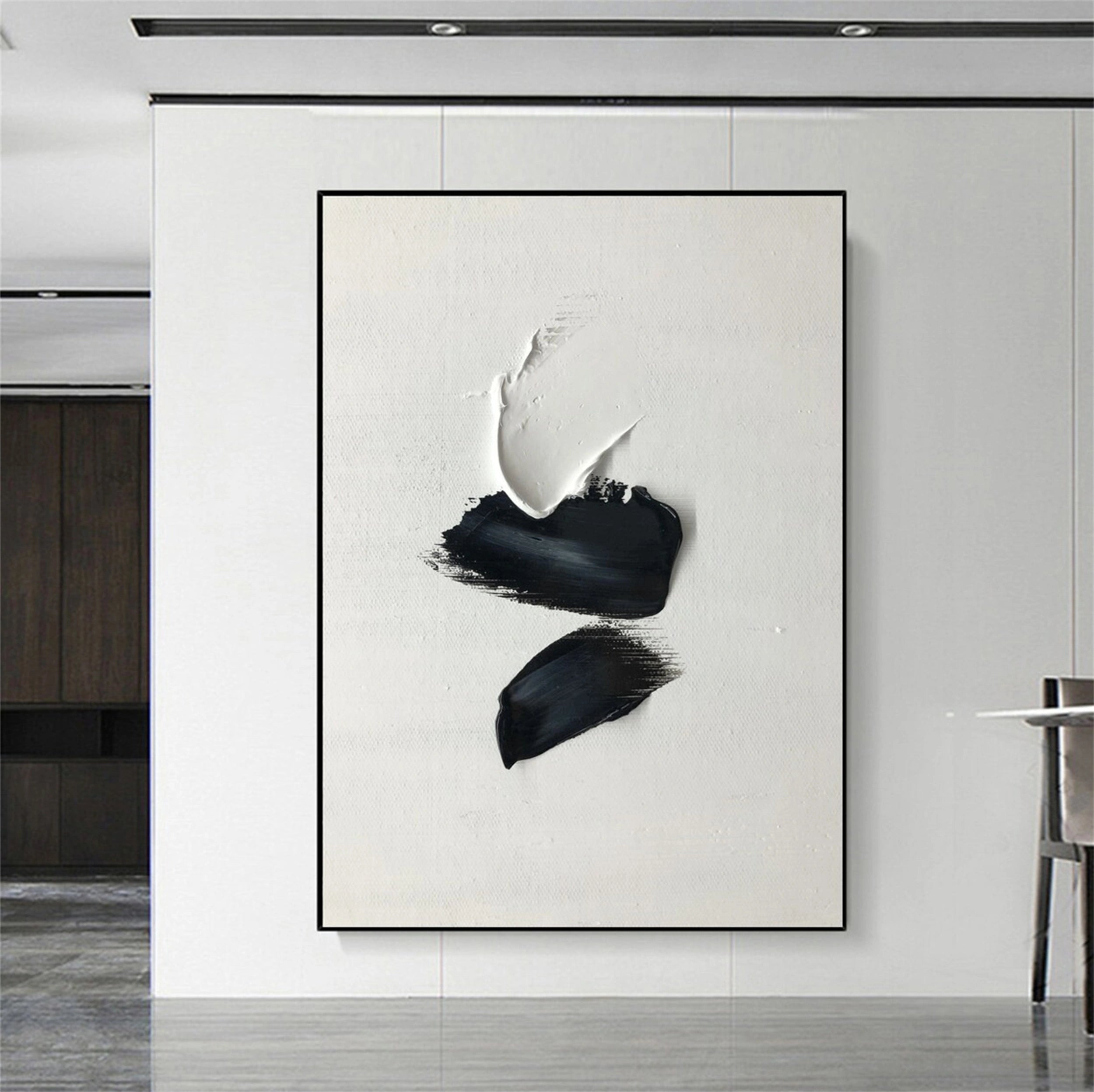 Custom Size White & Black Minimalist Textured Painting Canvas - Abstract Wall Art for Living Room, Bedroom & Office Decor #MM136