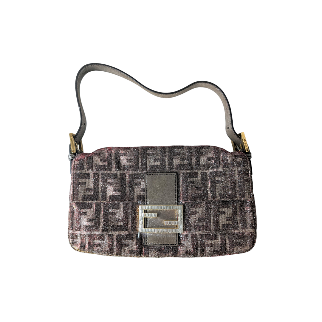 Fendi Silver Shimmering Rhinestone Buckle Baguette Bag - Elegant Evening Clutch for Women's Parties & Special Events