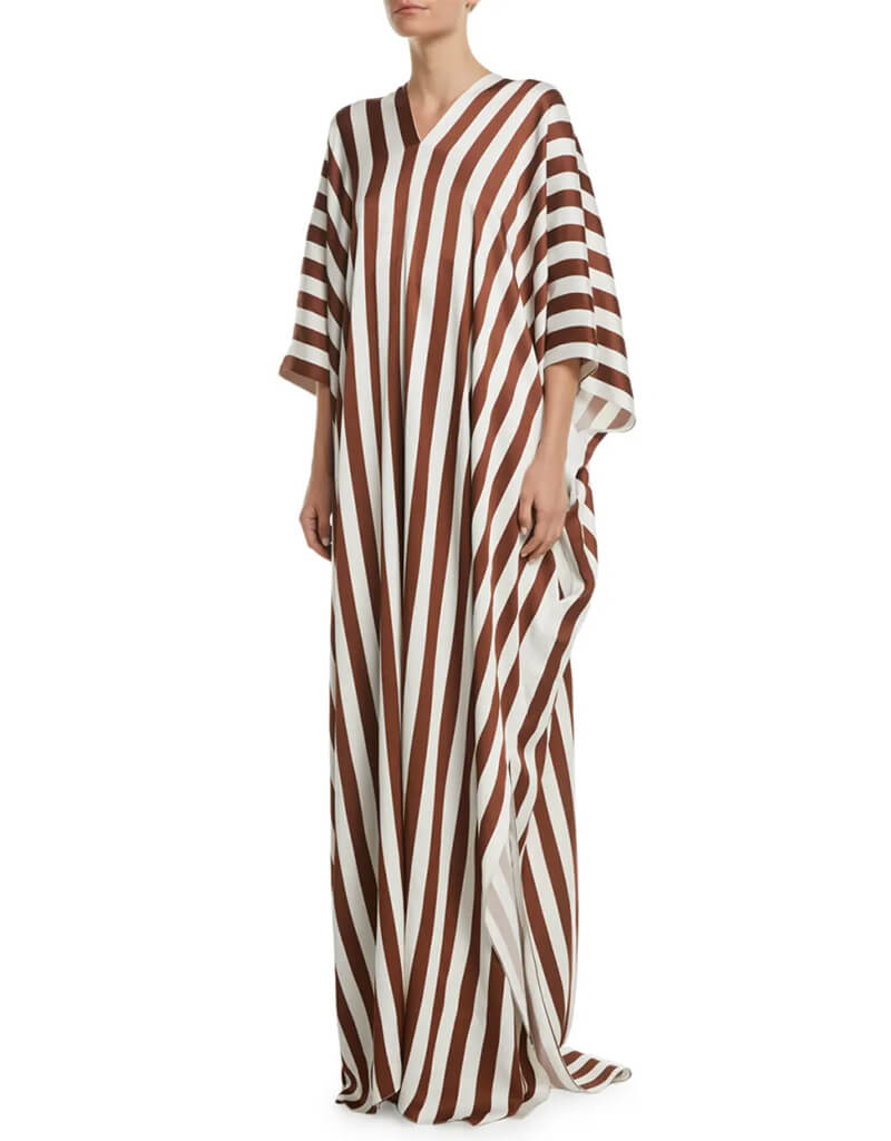 Luxury Brown and White Satin Silk Kaftan Dress - Elegant Soft Flowy Maxi Robe for Women - Perfect for Beach Cover Up, Bridal Party, Evening Wear and Special Occasions