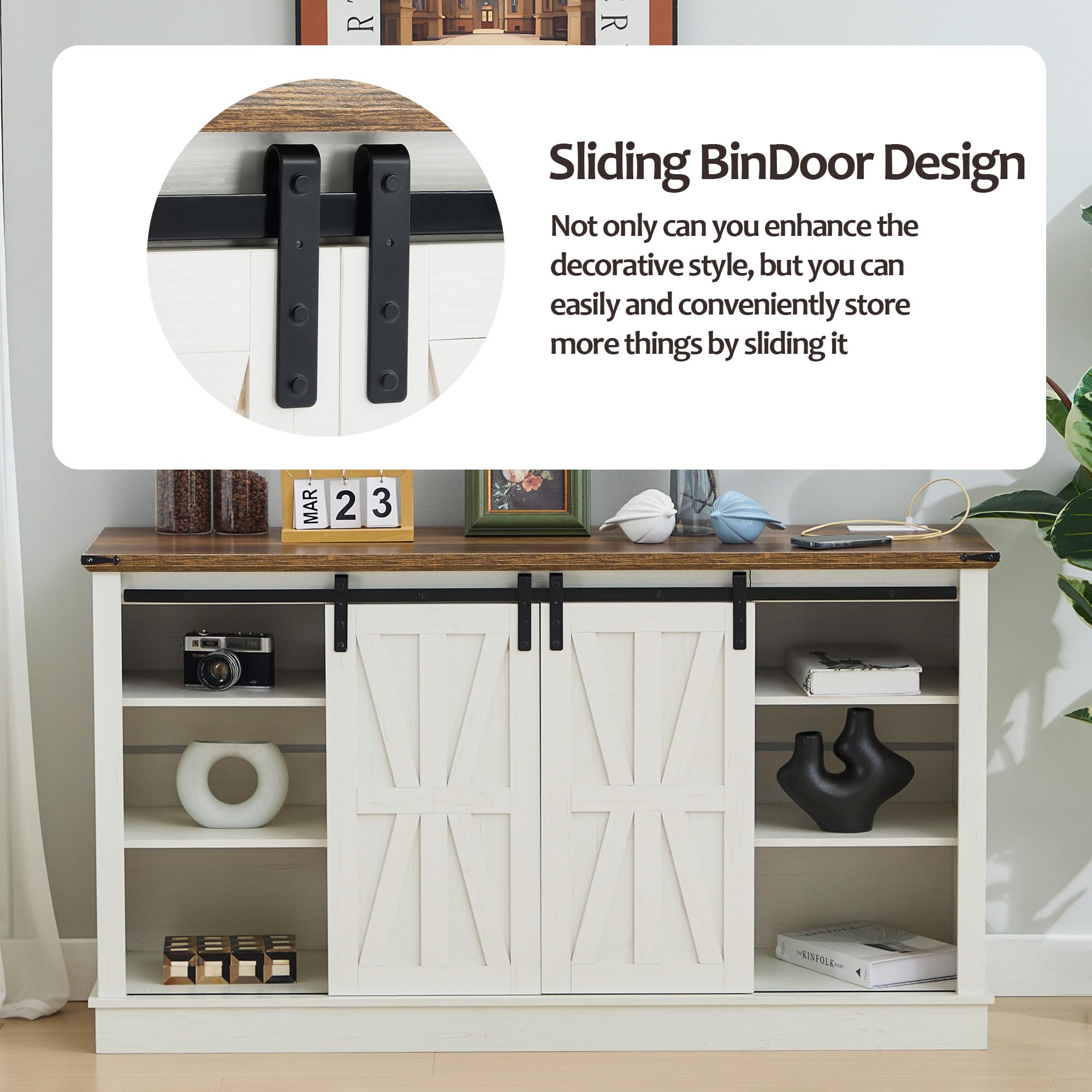 Rustic Farmhouse TV Stand with Power Outlets - Wooden Entertainment Center with Storage Cabinets & Sliding Barn Doors - Media Console for Living Room, Bedroom (White) - Perfect for Home Theater Setup & Cozy Family Movie Nights