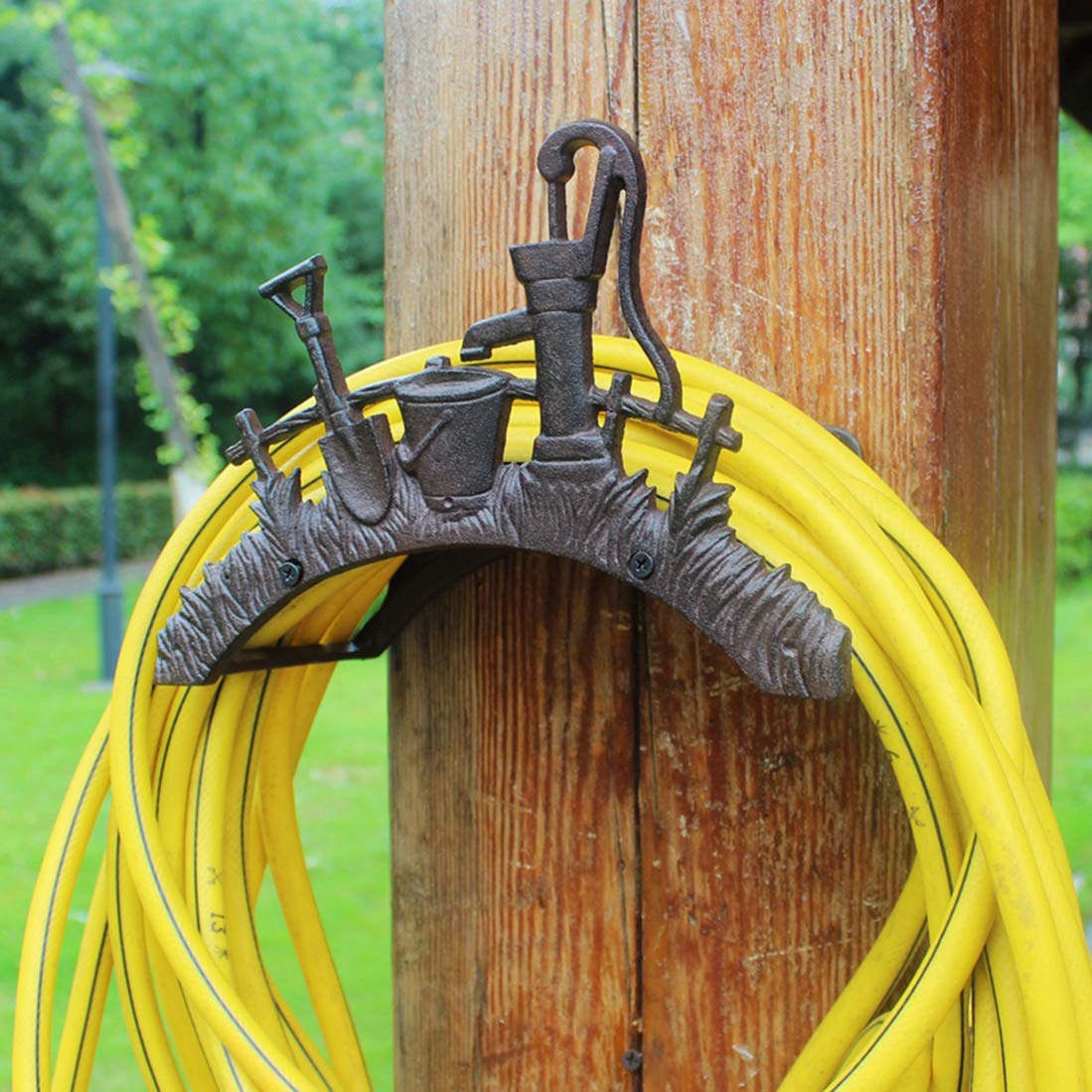 Heavy Duty Cast Iron Garden Hose Holder - Wall Mounted Metal Hose Hanger & Reel Storage Organizer for Outdoor Watering, Yard Maintenance, and Garage Organization