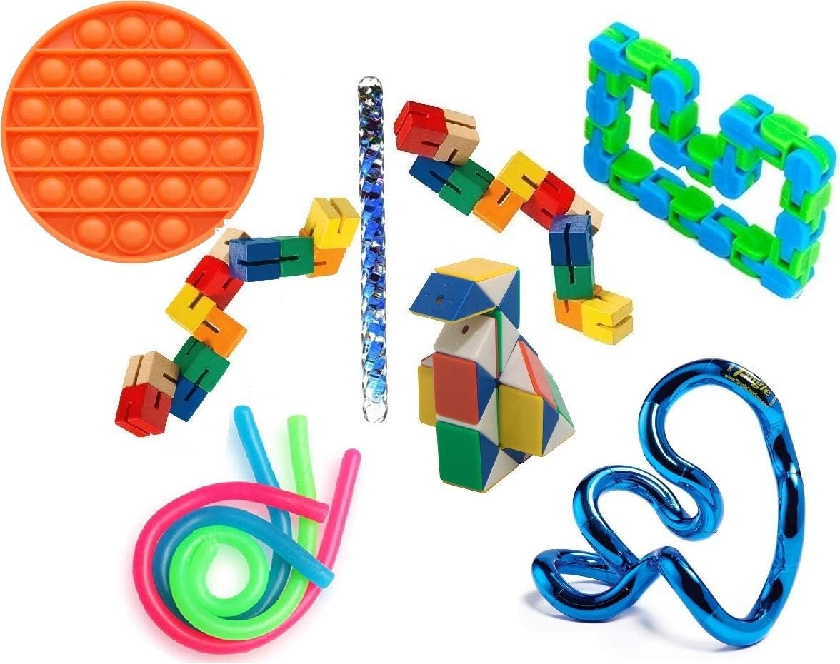 10-Piece Sensory Fidget Toys Set for Stress & Anxiety Relief - Includes Tangle Metallic Fidget, Wooden Fidget Block, Snap Click Fidget & Snake Cube Puzzle - Perfect for ADHD, Autism, Office & Classroom Focus