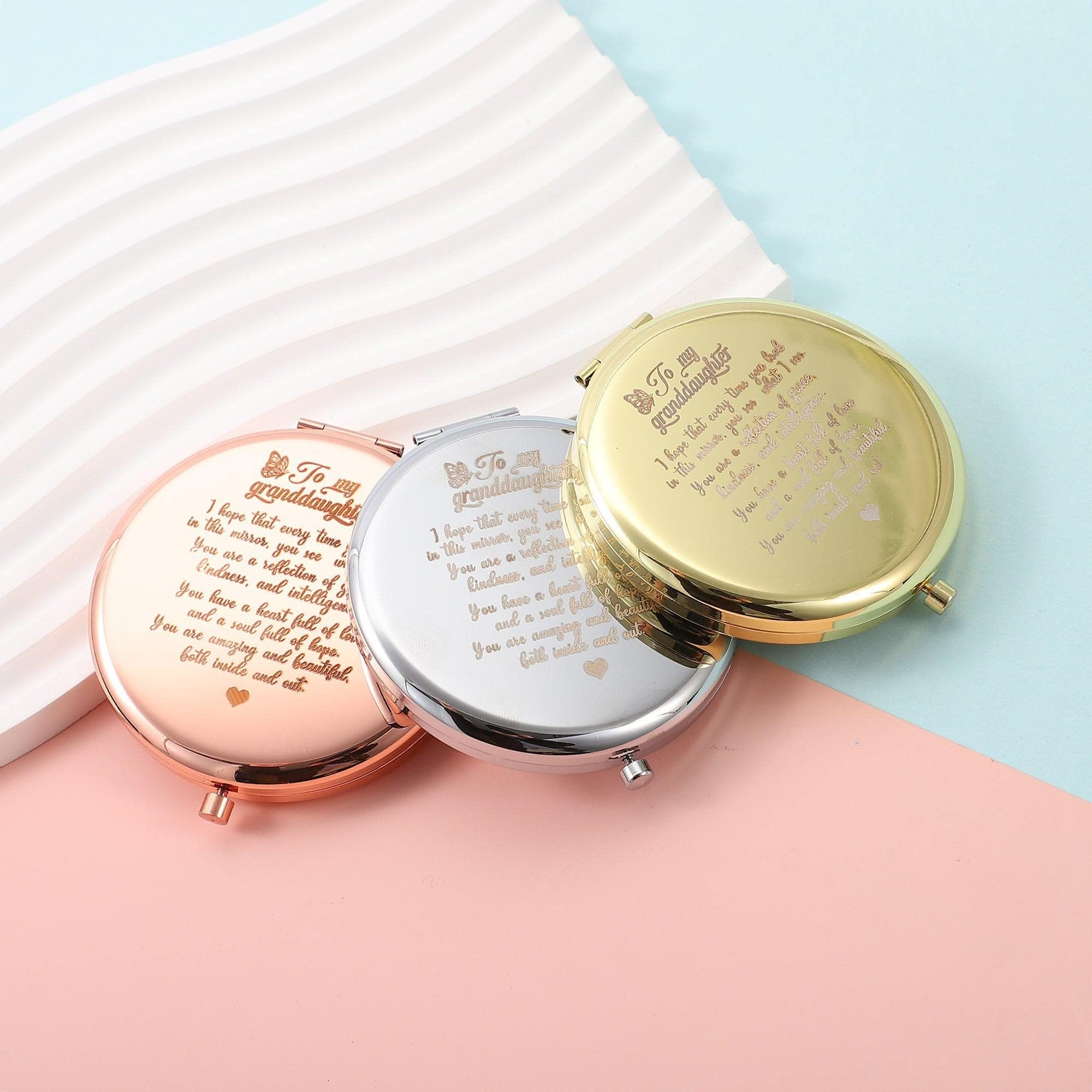 You're Amazing & Beautiful - Stainless Steel Folding Pocket Mirror Gift for Granddaughter | Rose Gold Compact Mirror | Encouragement Present from Grandparents | Perfect for School, Travel & Daily Makeup
