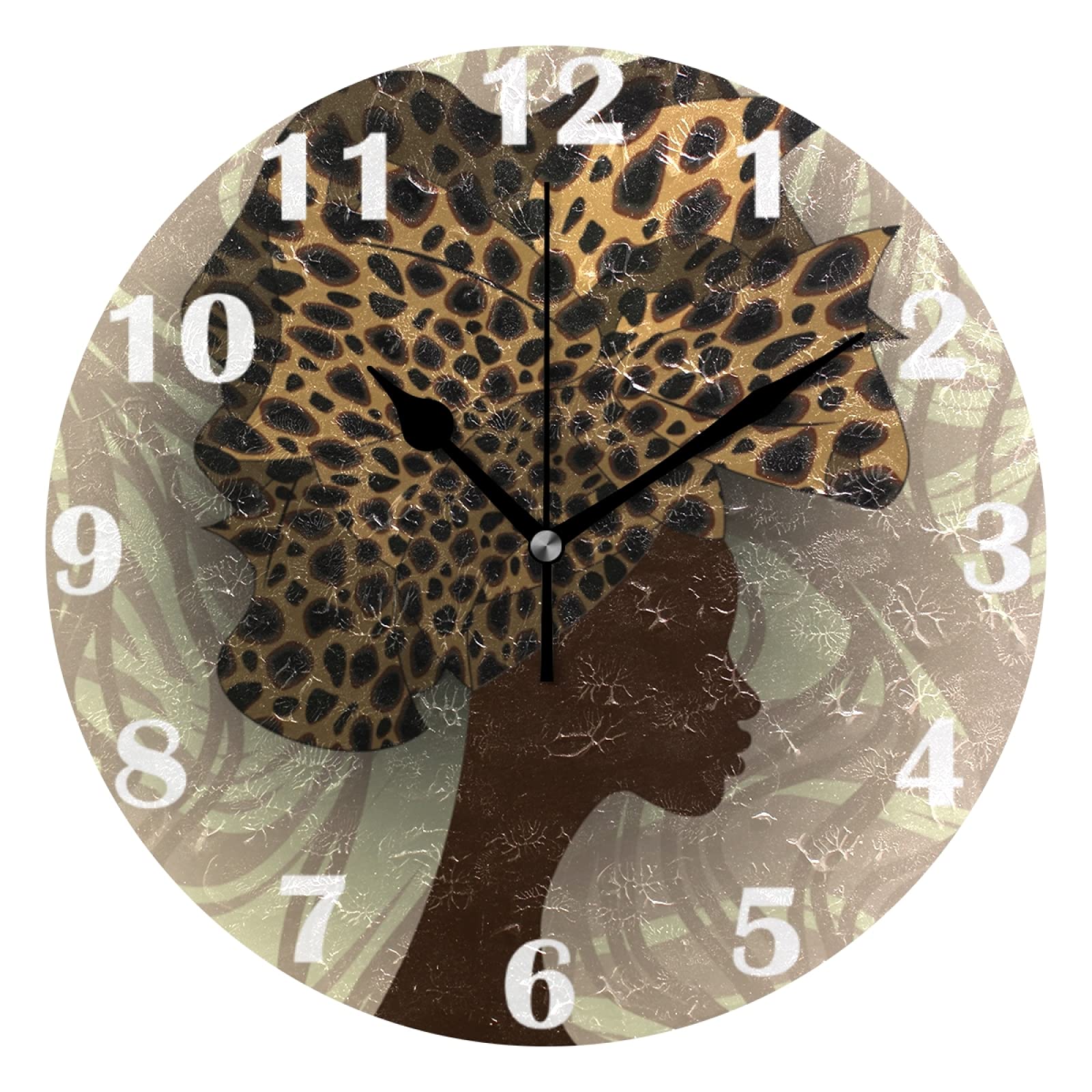 African American Afro Woman Leopard Wall Clock - 10 Inch Silent Non-Ticking Quartz Analog Clock with Battery - Black Girl Leaves Design for Home, Bedroom & Living Room Decor | Perfect for Wall Mount or Desk Display