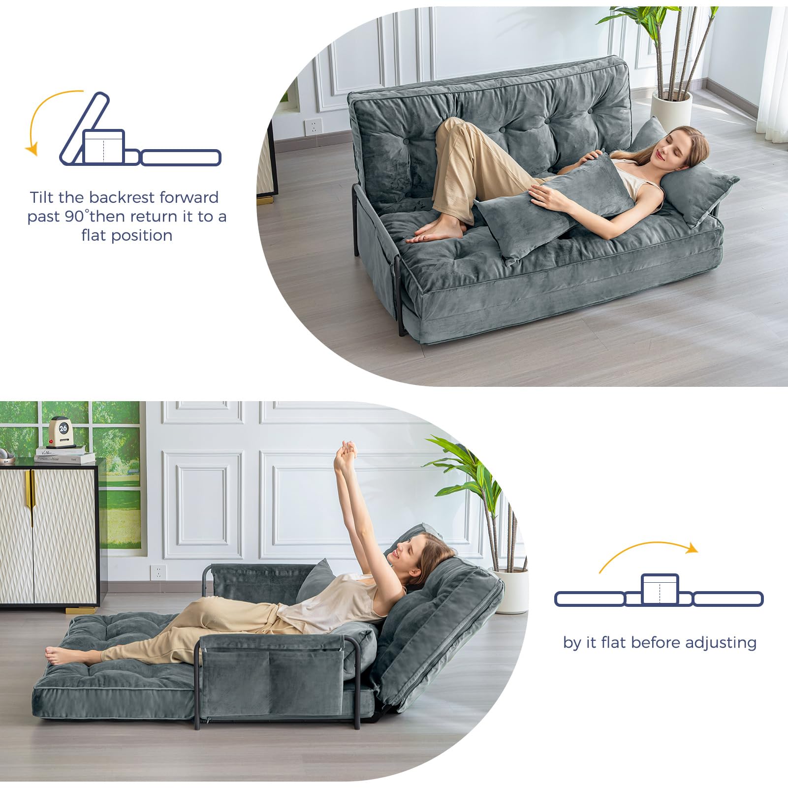 MAXYOYO Adjustable Floor Sofa Couch - Velvet Convertible Lazy Sofa Sleeper Bed with Pillows & Armrest, Double Size in Dark Grey | Perfect for Small Spaces, Living Rooms & Guest Beds