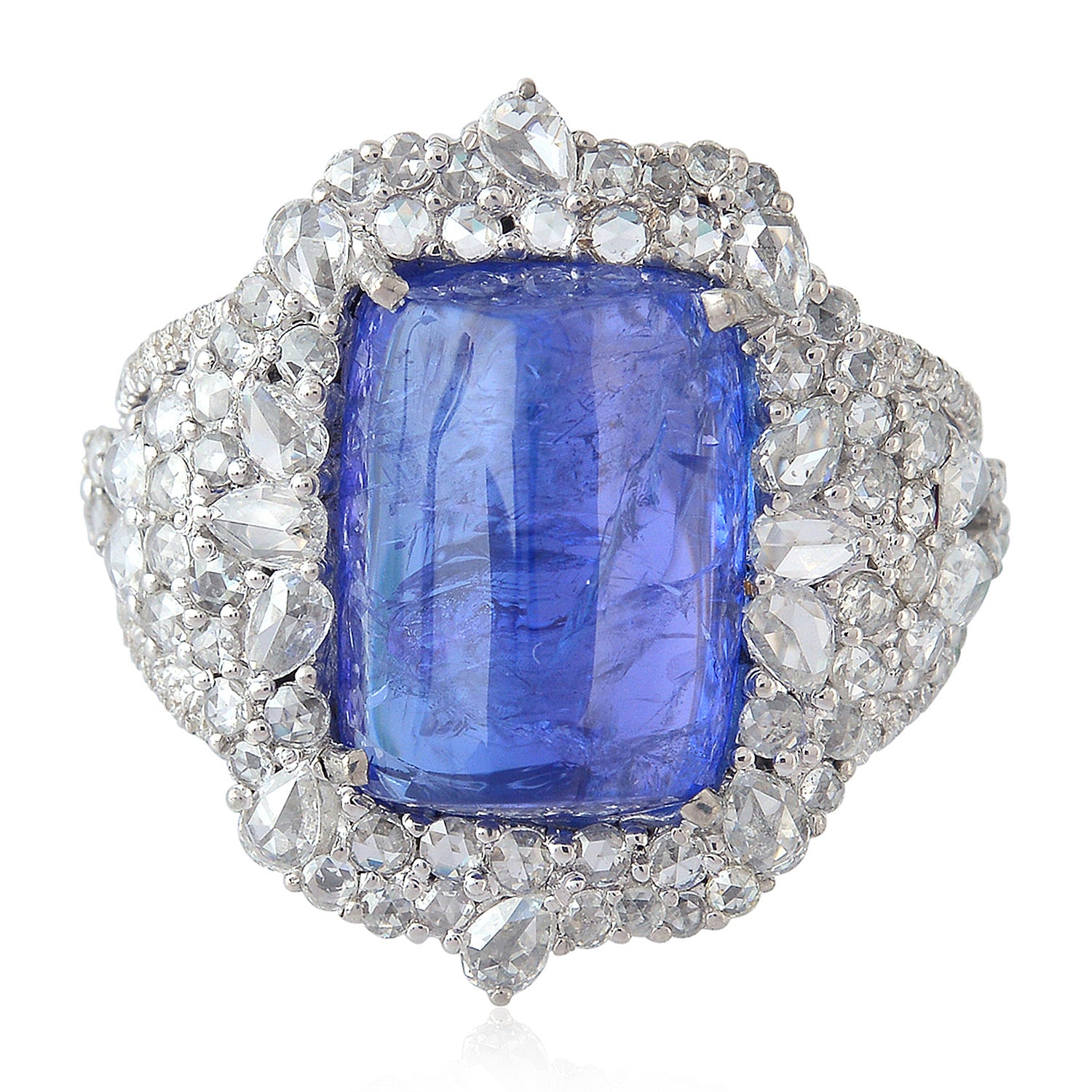 18K White Gold Tanzanite & Rose Diamond Cocktail Ring - Elegant Uncut Gemstone Jewelry for Evening Parties & Special Occasions
