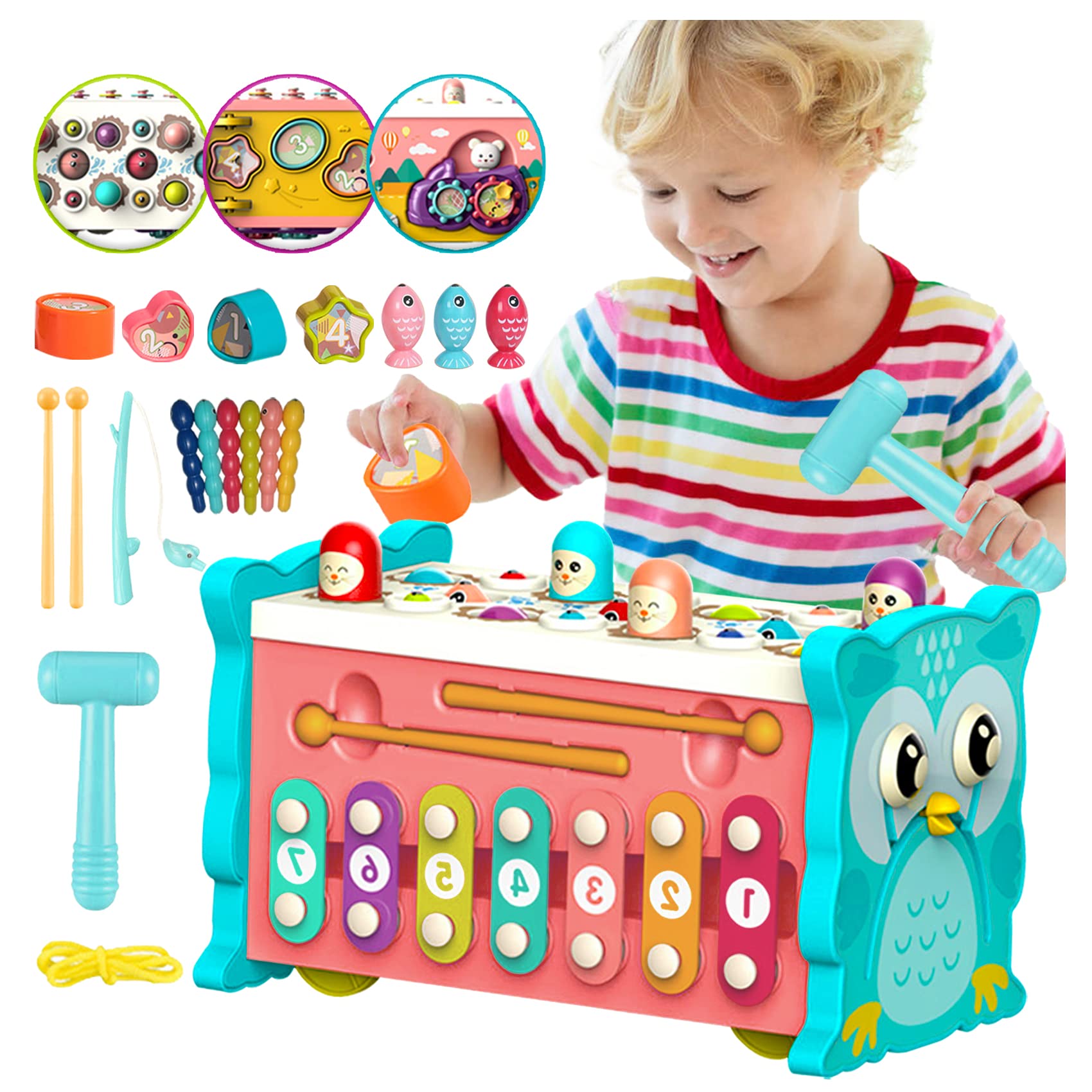 Montessori Toys 8 in 1 - Hammering Pounding Bench, Fishing Game & Xylophone for Toddlers 1-4 Years | Early Learning Sensory Development Toy for Babies & Kids (Green) - Perfect for Home, Preschool & Daycare Activities