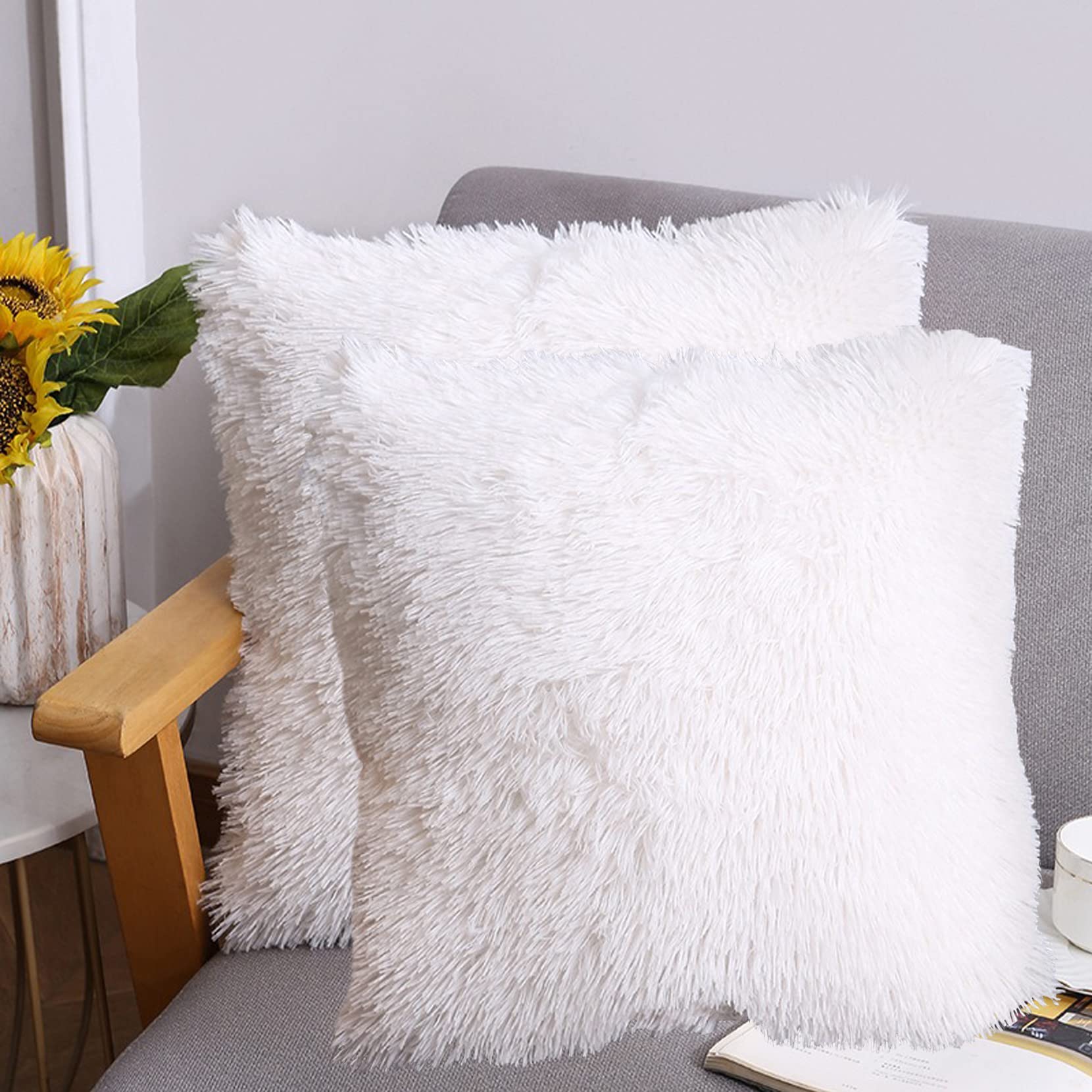 Soft Faux Fur Throw Pillow Covers 16x16 Inches (Pack of 2) - Peach Blush Plush Decorative Cushion Cases for Sofa, Couch, Living Room, Bedroom - Cozy Home Decor & Girls Room Accessories