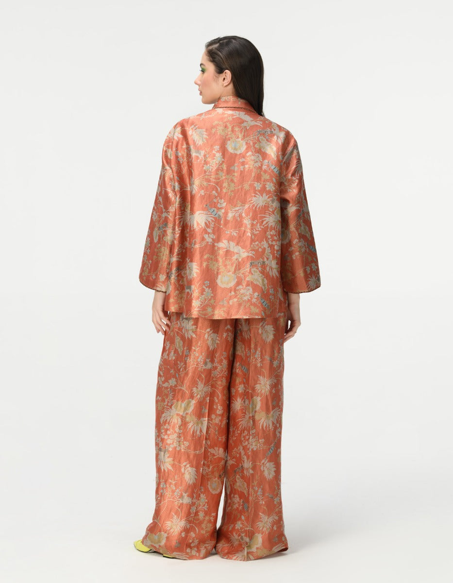 Luxury Silk Brocade Cape Coat with Coral Design - Elegant Evening Wear for Women | Perfect for Weddings, Galas, and Special Occasions