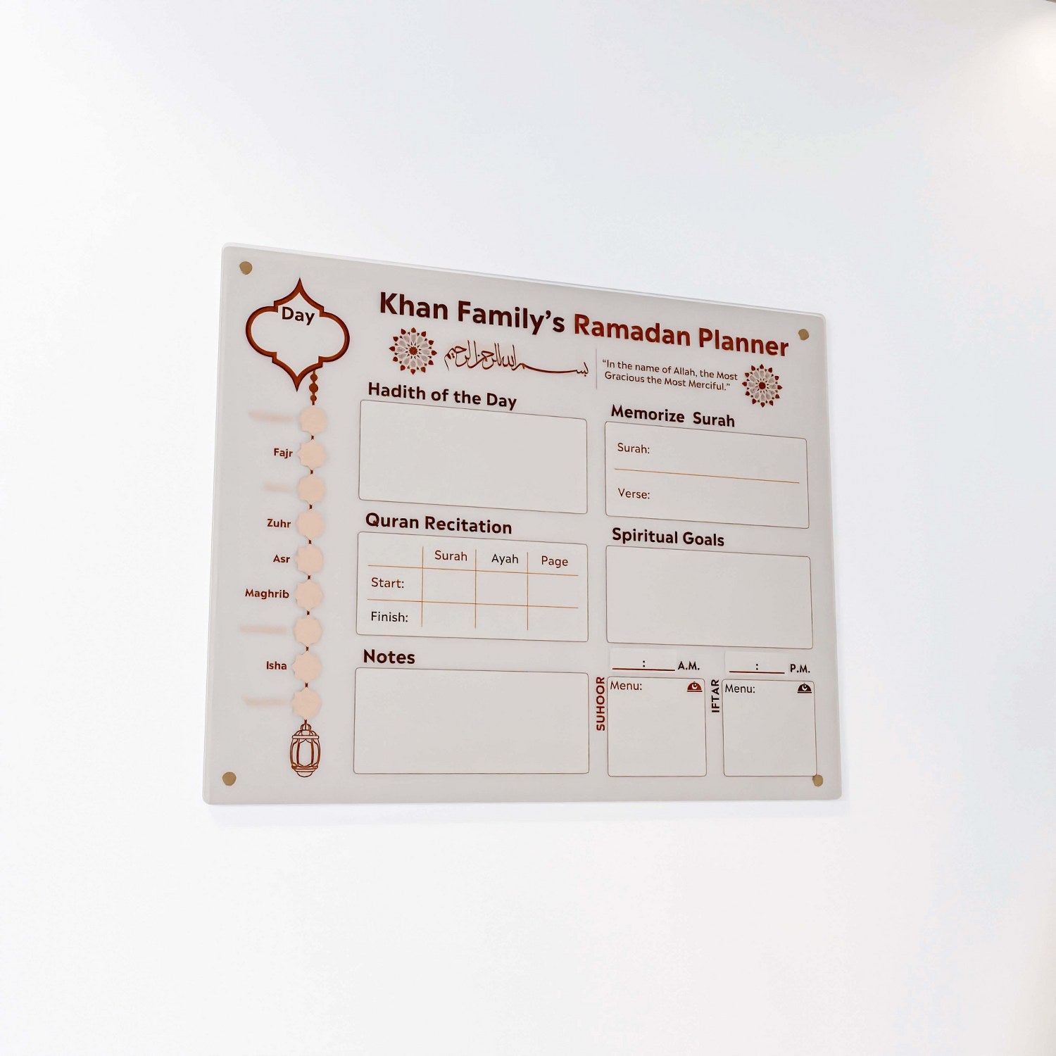 Custom Ramadan Family Planner with Personalized Names - Islamic Art Acrylic Board for Home Decor & Gift Giving During Holy Month