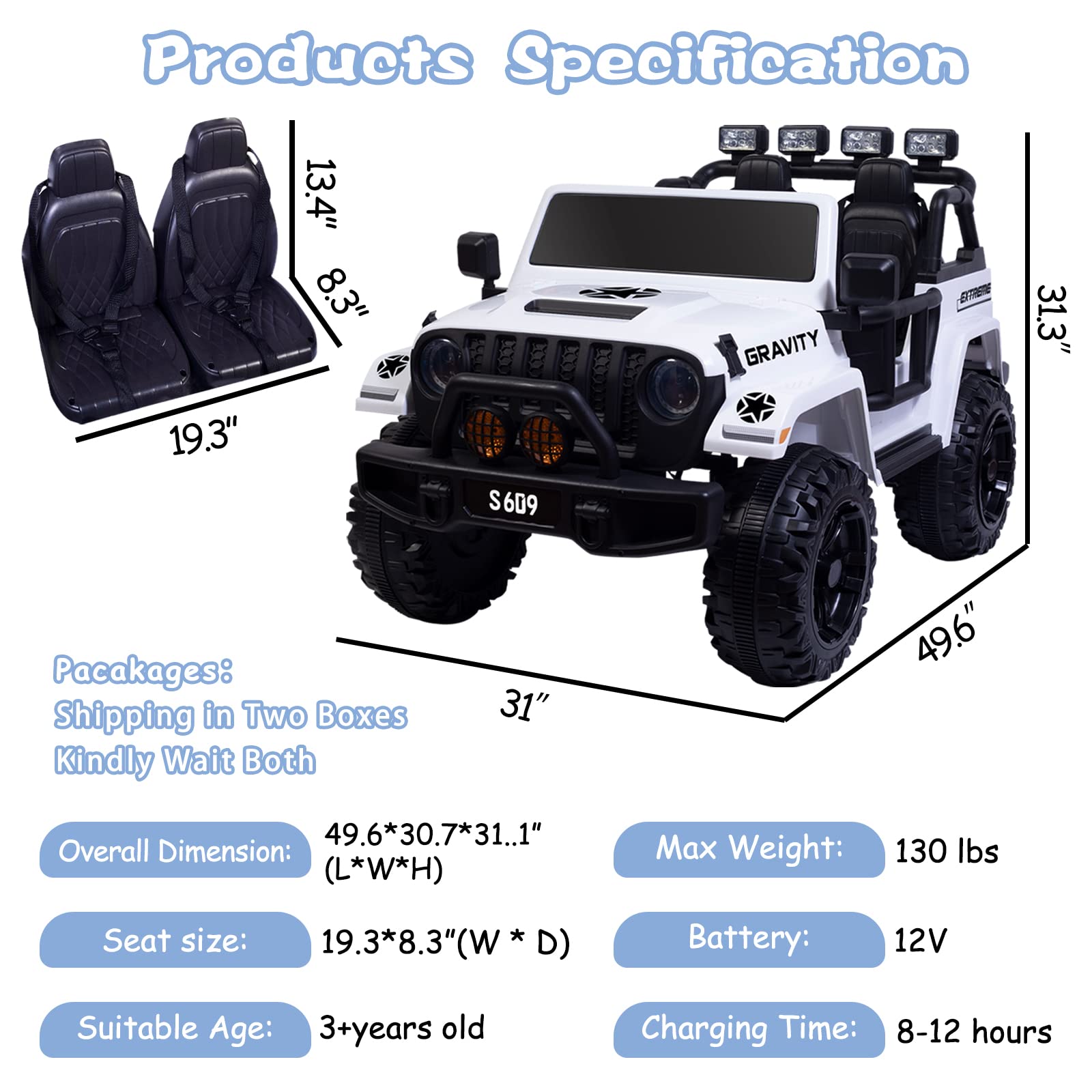 12V OTTARO 2-Seater Electric Ride-On Truck for Kids - Remote Control, Spring Suspension & LED Lights - Battery Powered Toy Car with Music (White) | Perfect for Outdoor Play, Birthday Gifts & Backyard Fun