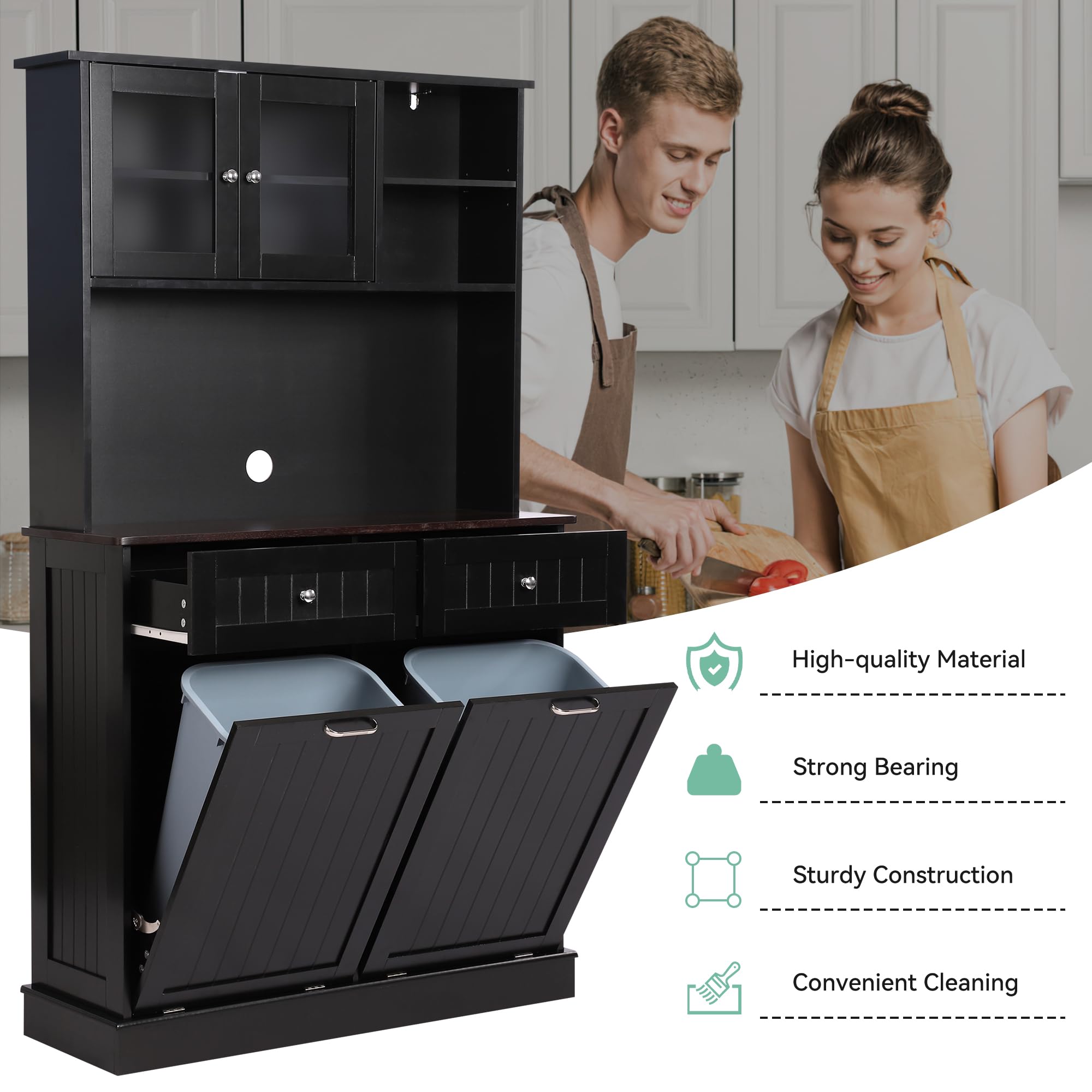 **Tall Freestanding Kitchen Pantry Storage Cabinet with Microwave Shelf & Tilt-Out Trash Bin - Classic Black - Perfect for Small Kitchens & Pantry Organization**