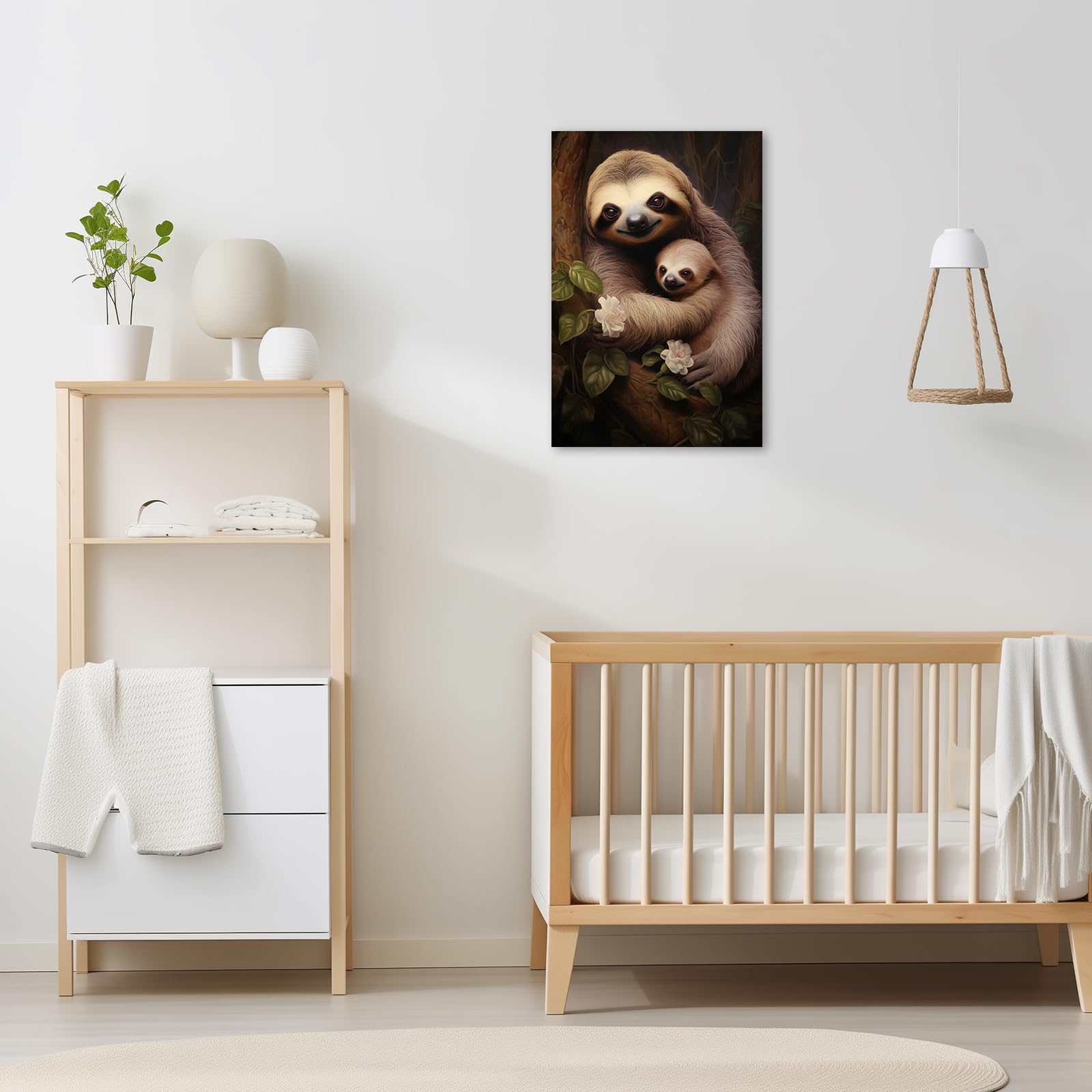 Sloth Wall Art - Framed Mother & Baby Sloth Painting (28x42 Inches) for Kids Room & Nursery Decor | Jungle Animal Prints | Perfect for Baby Showers & Playroom Themes