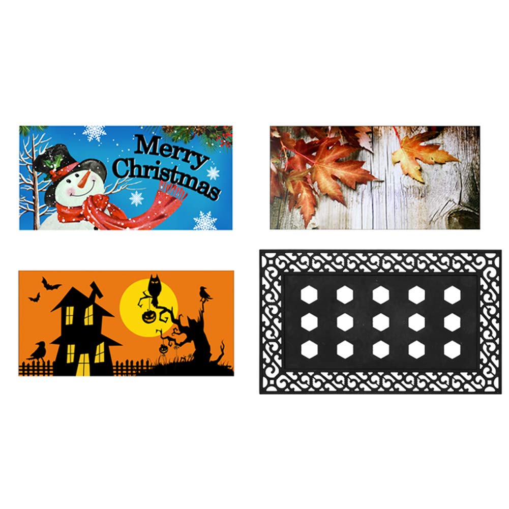 Seasonal Welcome Mat Set - 17.7 x 29.5 Inch Holiday Doormat with 3 Interchangeable Inserts & Non-Slip Rubber Tray for Fall, Halloween, Christmas - Indoor/Outdoor Door Rug for Home Decor & Seasonal Greetings
