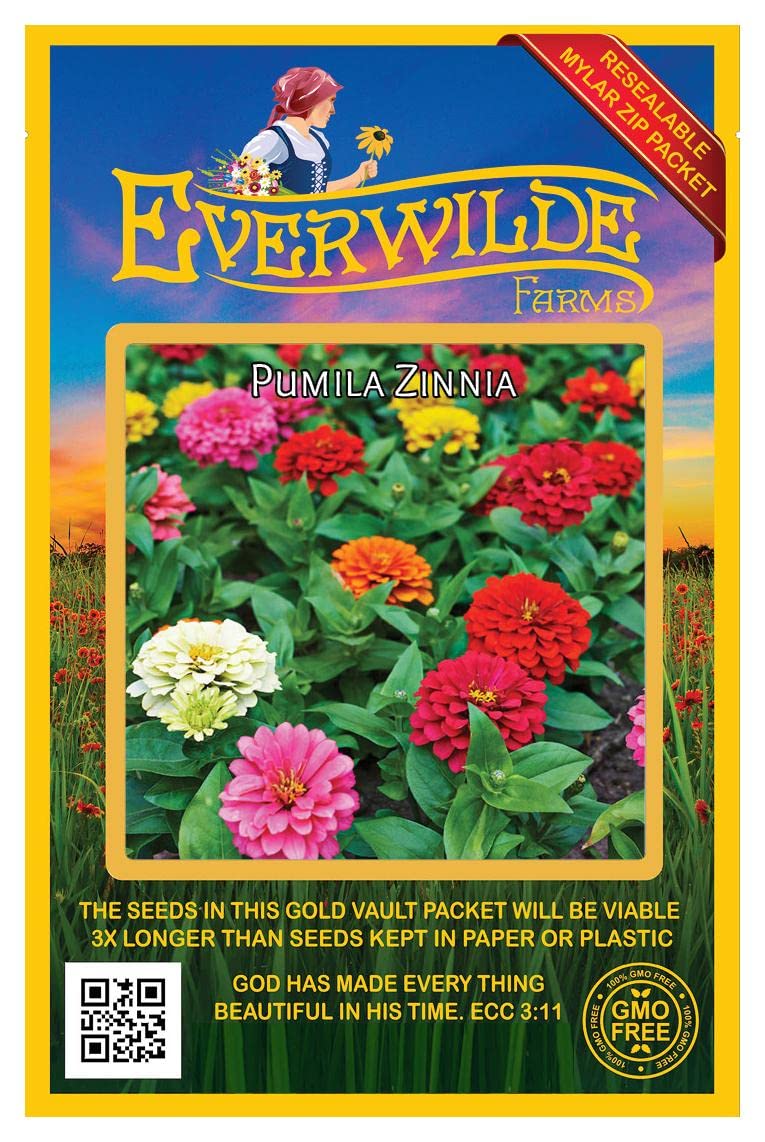 Everwilde Farms - 200 Pumila Mix Zinnia Wildflower Seeds - Gold Vault Jumbo Seed Packet for Garden, Landscaping & Pollinator-Friendly Planting