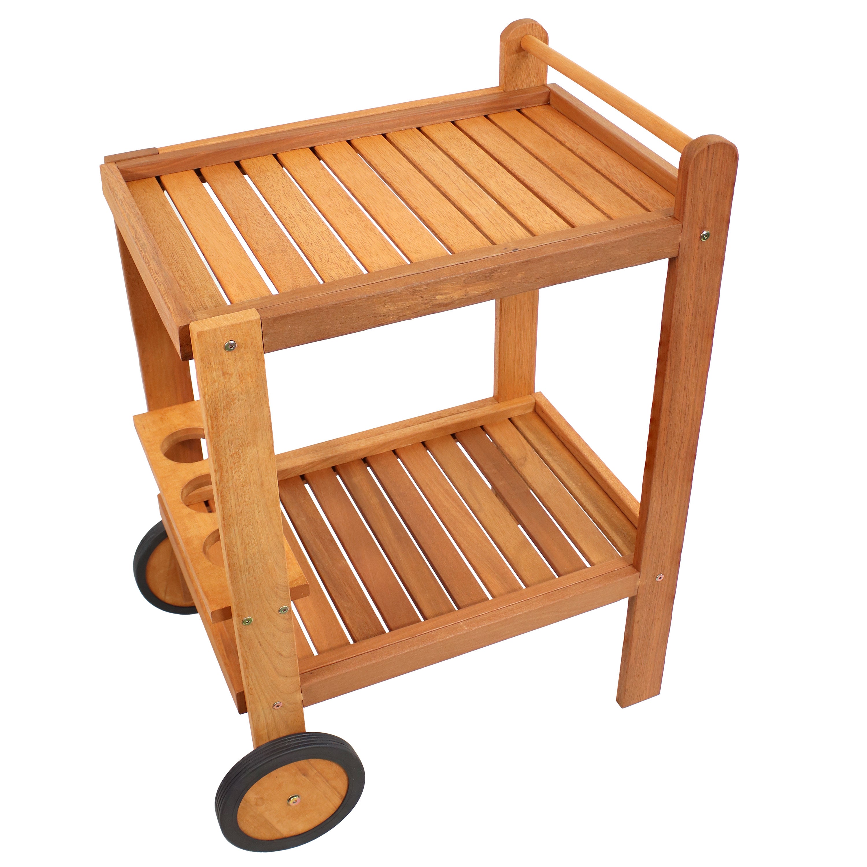 Sunnydaze Outdoor Wood Bar Cart with Wheels - Malaysian Hardwood Rolling Drink Cart for Patio, Garden, Poolside & Backyard Entertaining