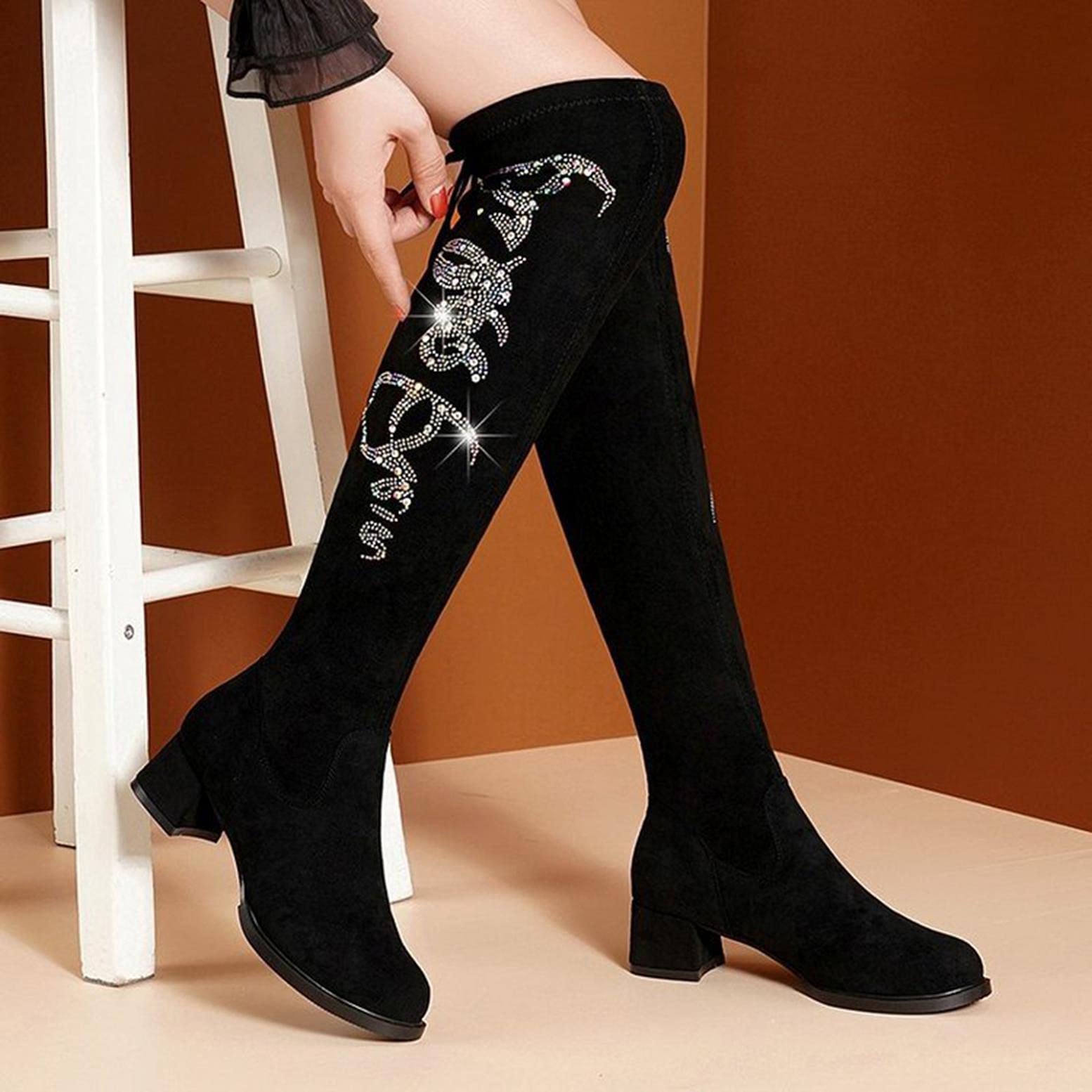 Hbeylia Women's Sexy Rhinestone Glitter Suede Over The Knee Boots - Chunky High Heel Lace Up Thigh High Boots for Fall Winter, Casual, Dress, Wedding & Halloween Outfits | Perfect for Party, Date Night & Holiday Events