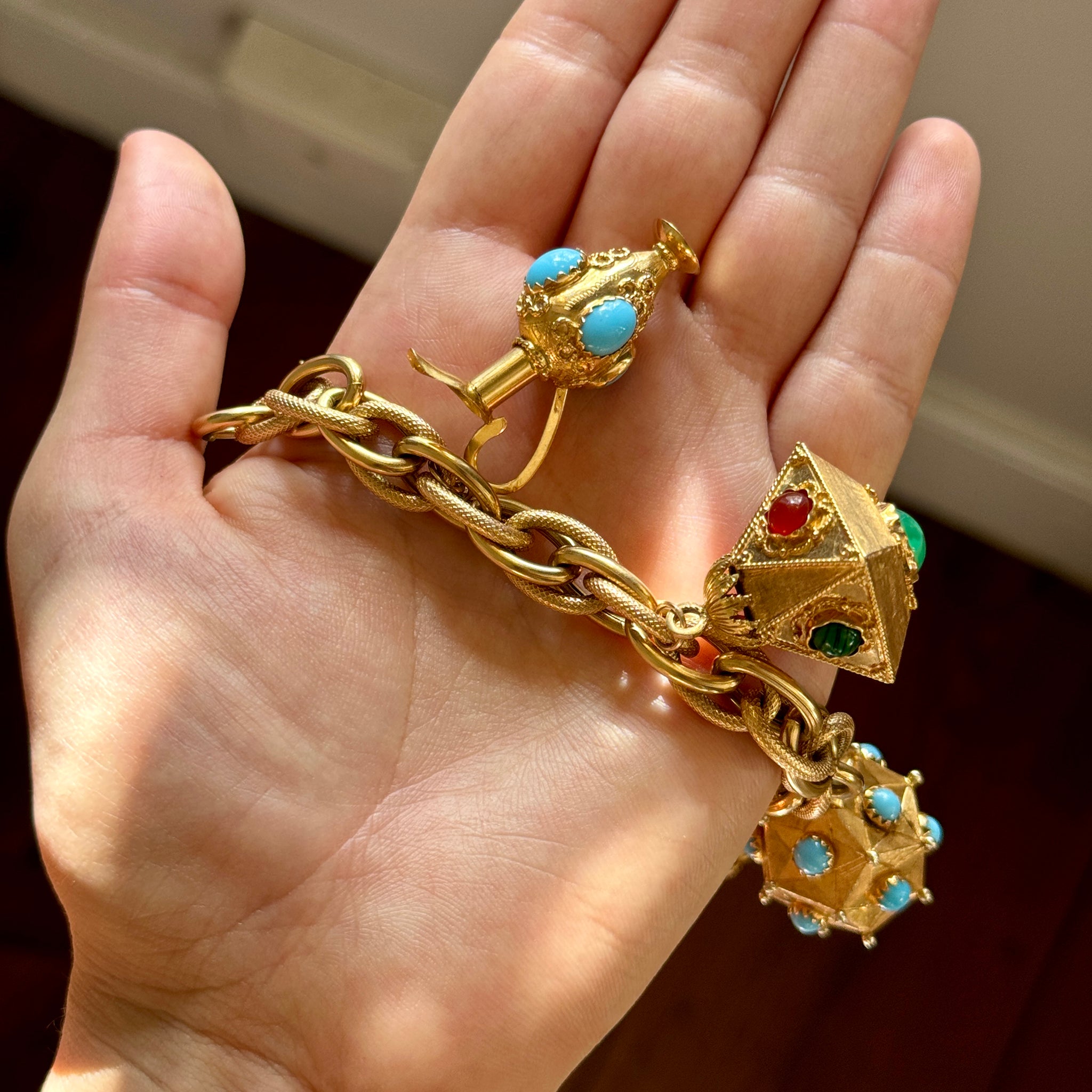 Vintage 18K Gold Multi-Stone Charm Bracelet with Fob - Elegant Jewelry for Women, Perfect for Parties, Weddings & Special Occasions