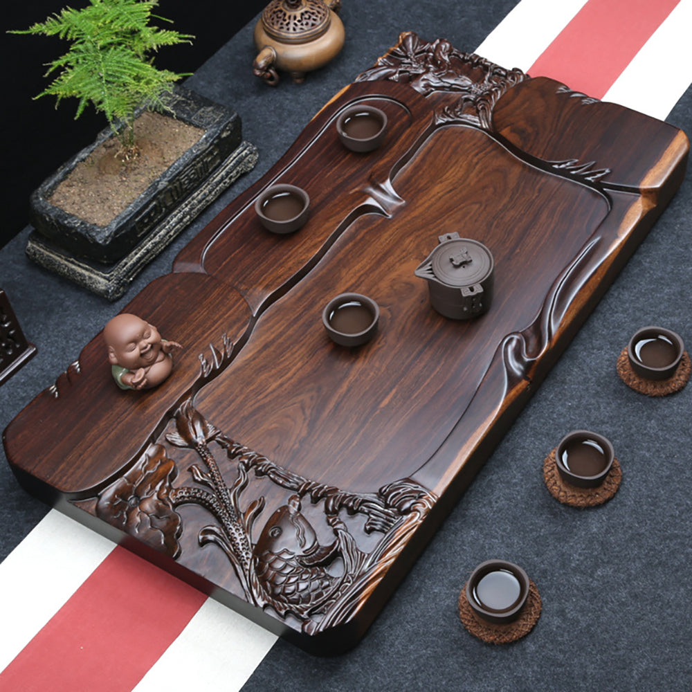 Hand Carved Wooden Goldfish Tea Tray - Traditional Japanese Style Tea Serving Tray for Matcha Ceremony, Home Decor & Gift Idea