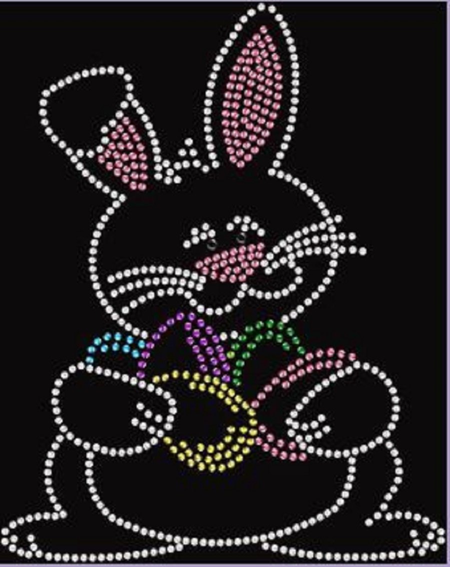 Easter Bunny with Eggs Rhinestone Iron-On Transfer - DIY Easter Decor, T-Shirt & Fabric Applique for Holiday Crafts & Gifts