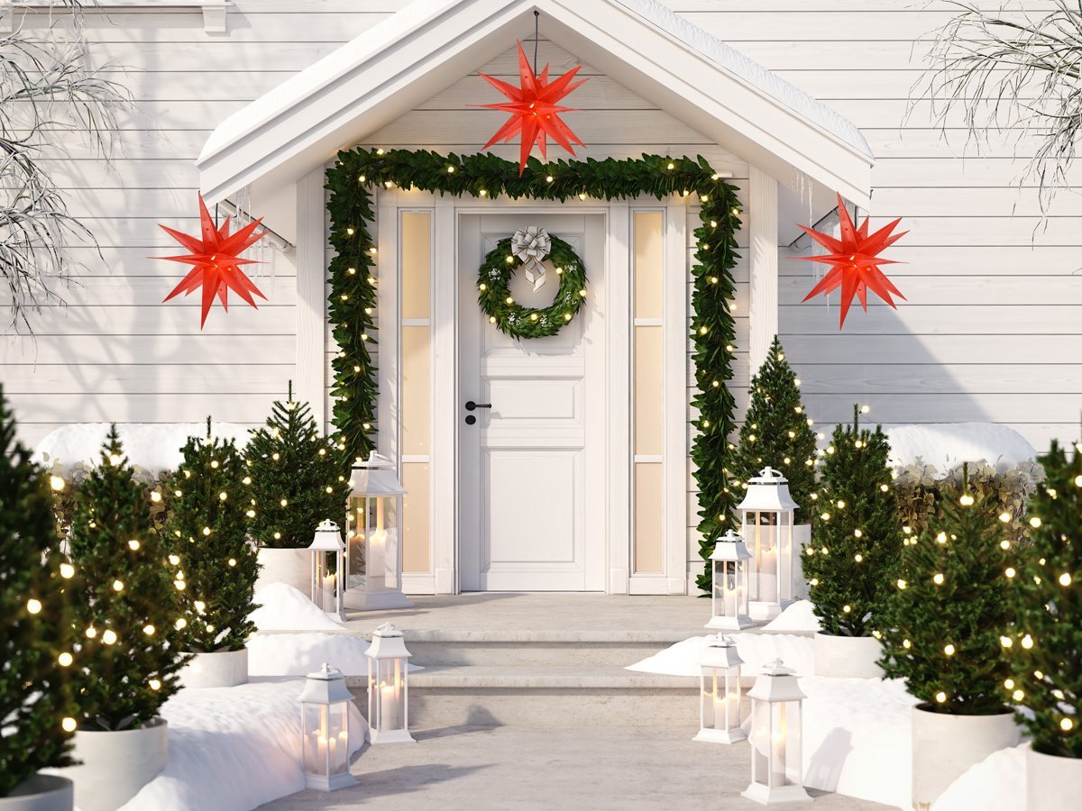 23 Inch Red Moravian Weatherproof Star Lantern Lamp - Outdoor Christmas Holiday Decoration, Multi-Point Hanging Shade for Patio, Garden & Porch Lighting