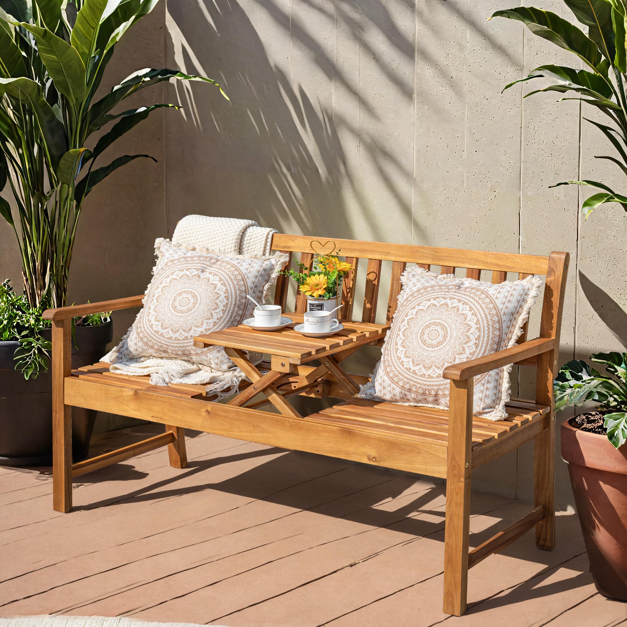 Greesum 2-Person Acacia Wood Outdoor Bench with Foldable Side Table - Patio Garden Chair for Deck, Yard, Balcony, Porch - Perfect for Relaxing, Entertaining & Outdoor Dining