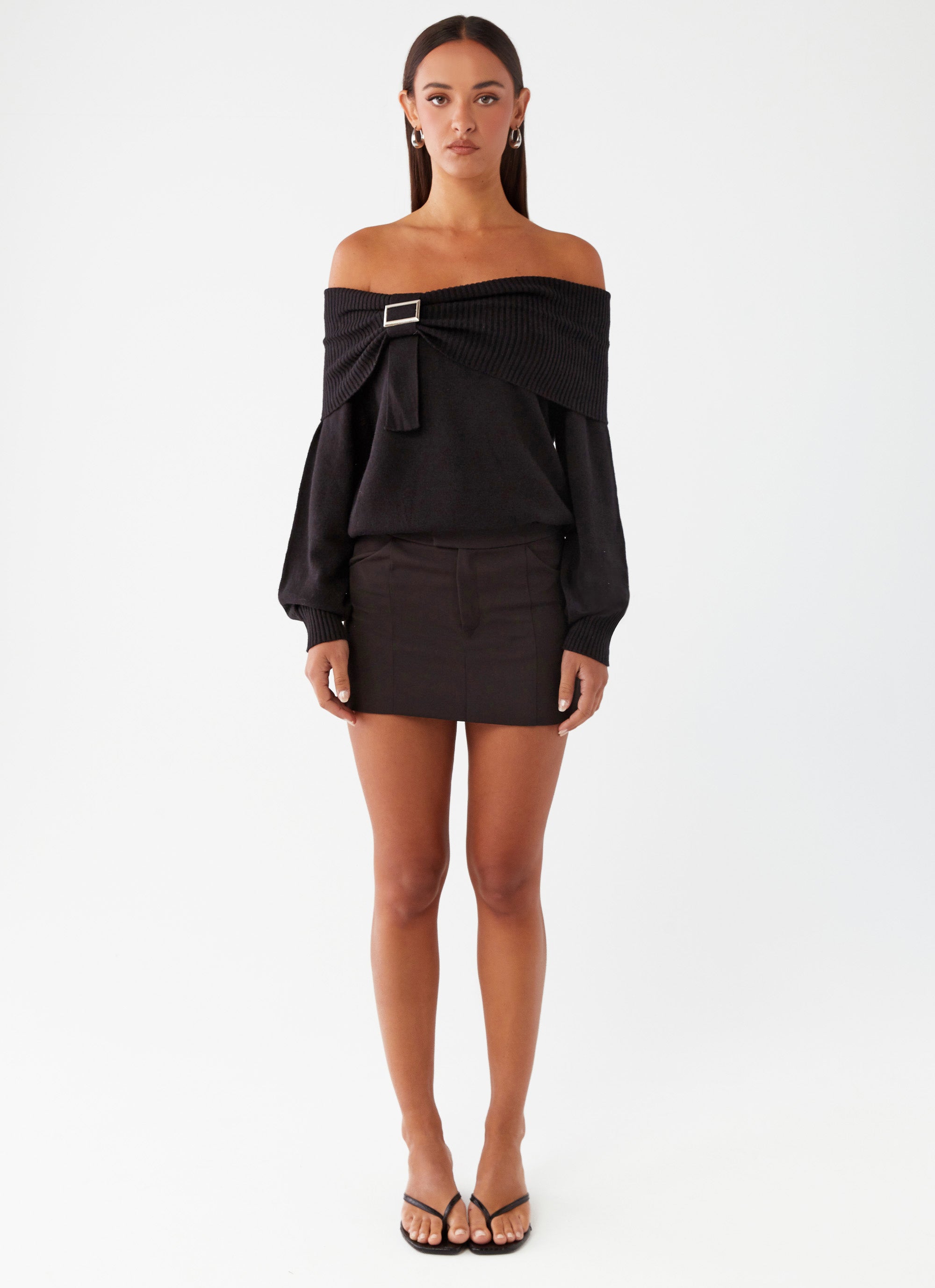 Oversized Bardot Knit Sweater for Women - Black | Soft Chunky Cable Knit Pullover | Casual Winter Fashion & Cozy Fall Layering