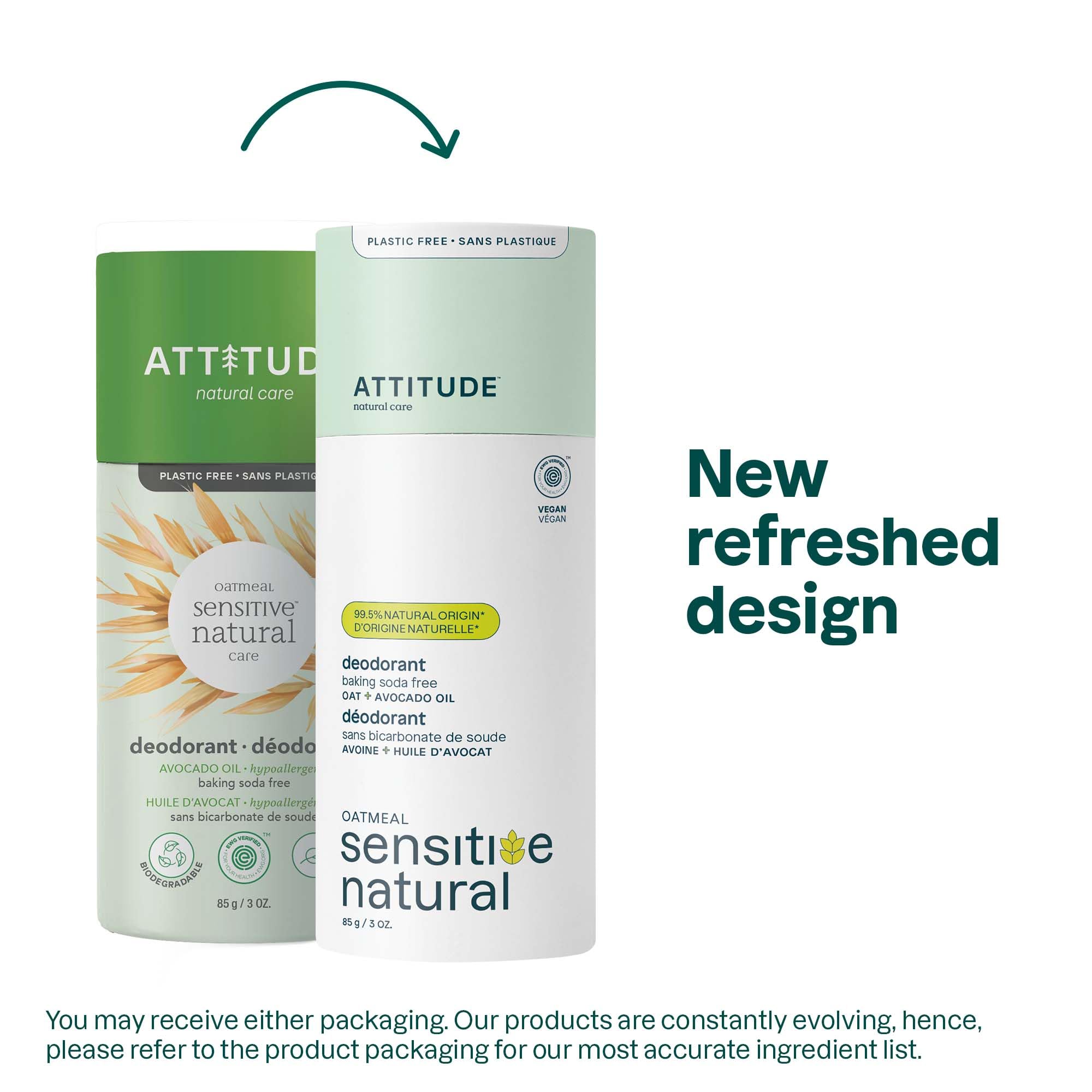 ATTITUDE Natural Baking Soda Free Deodorant for Sensitive Skin - Oatmeal & Avocado Oil Formula, EWG Verified, Aluminum & Plastic Free, 3oz (6-Pack) | Gentle Daily Protection for Workouts & Sensitive Skin
