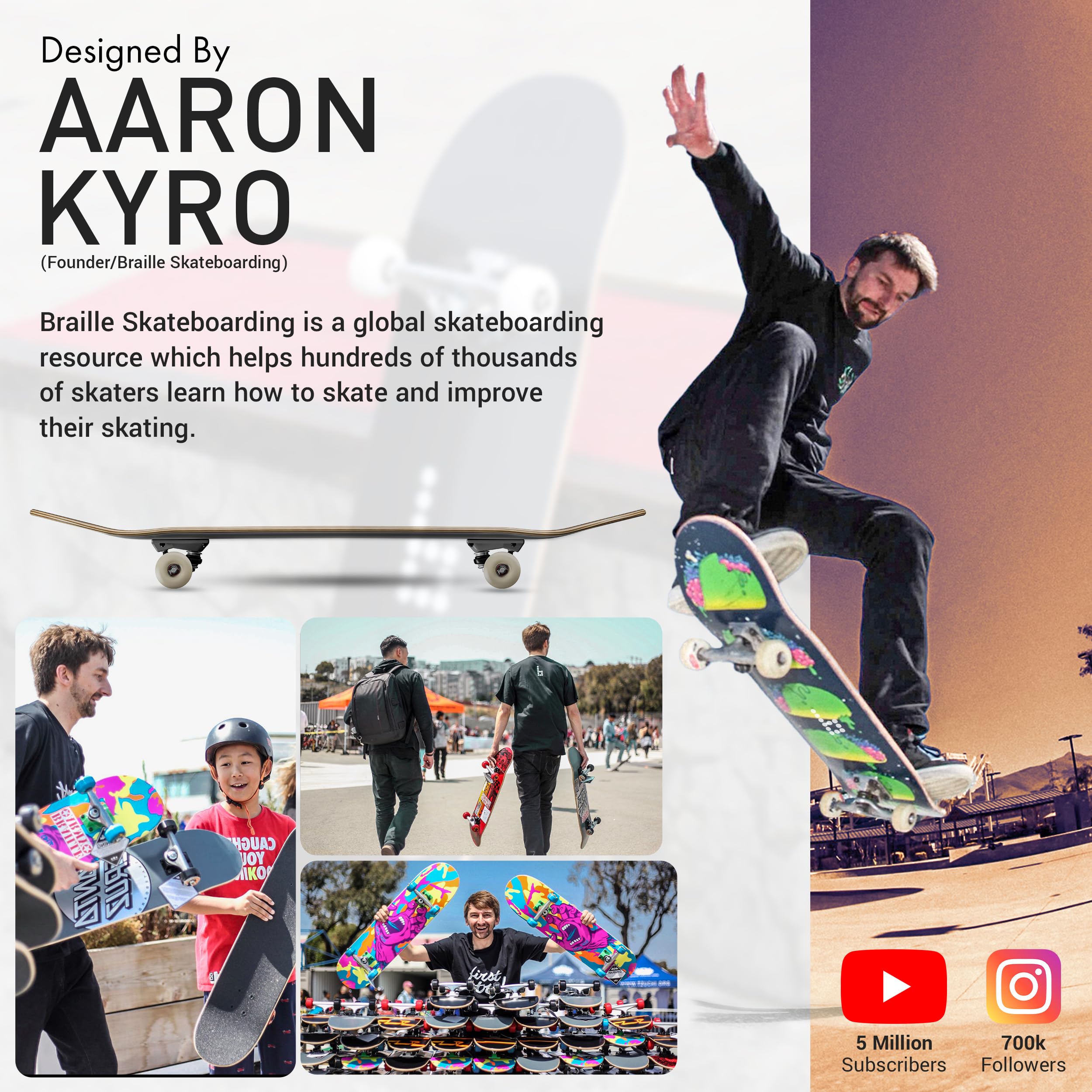 Professional 31.5 Inch Braille Complete Skateboard for Adults & Kids - Best Trick Skateboard for Teens Boys Girls - Perfect for Street Skating, Park Riding & Commuting