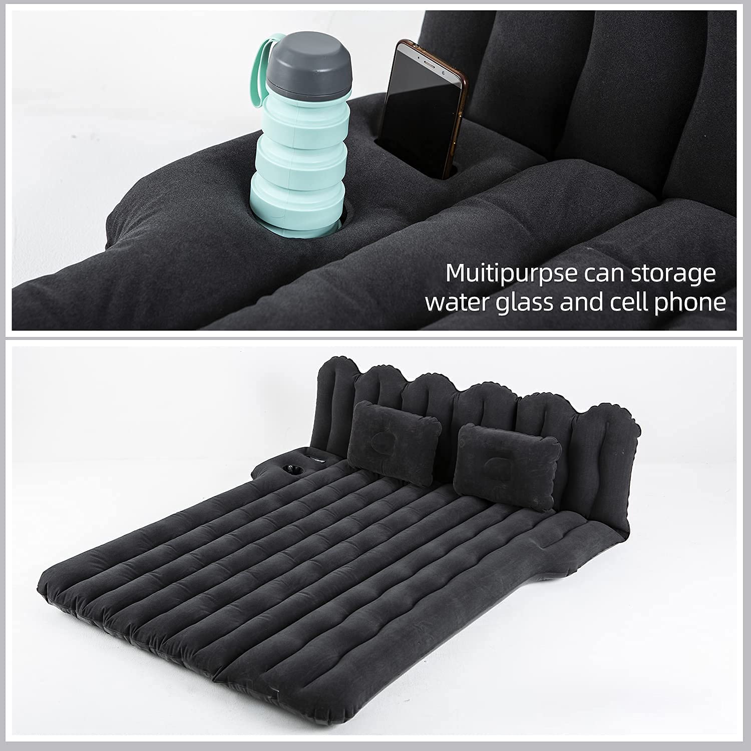 **SUV Air Mattress with Cup & Phone Holder - Flocked-Top Car Mattress with 2 Air Pillows & Electric Air Pump - Perfect for Camping, Travel, Road Trips & Car Sleeping (Black)**    *Ideal for outdoor adventures, family road trips, and overnight stays in your SUV or car.*
