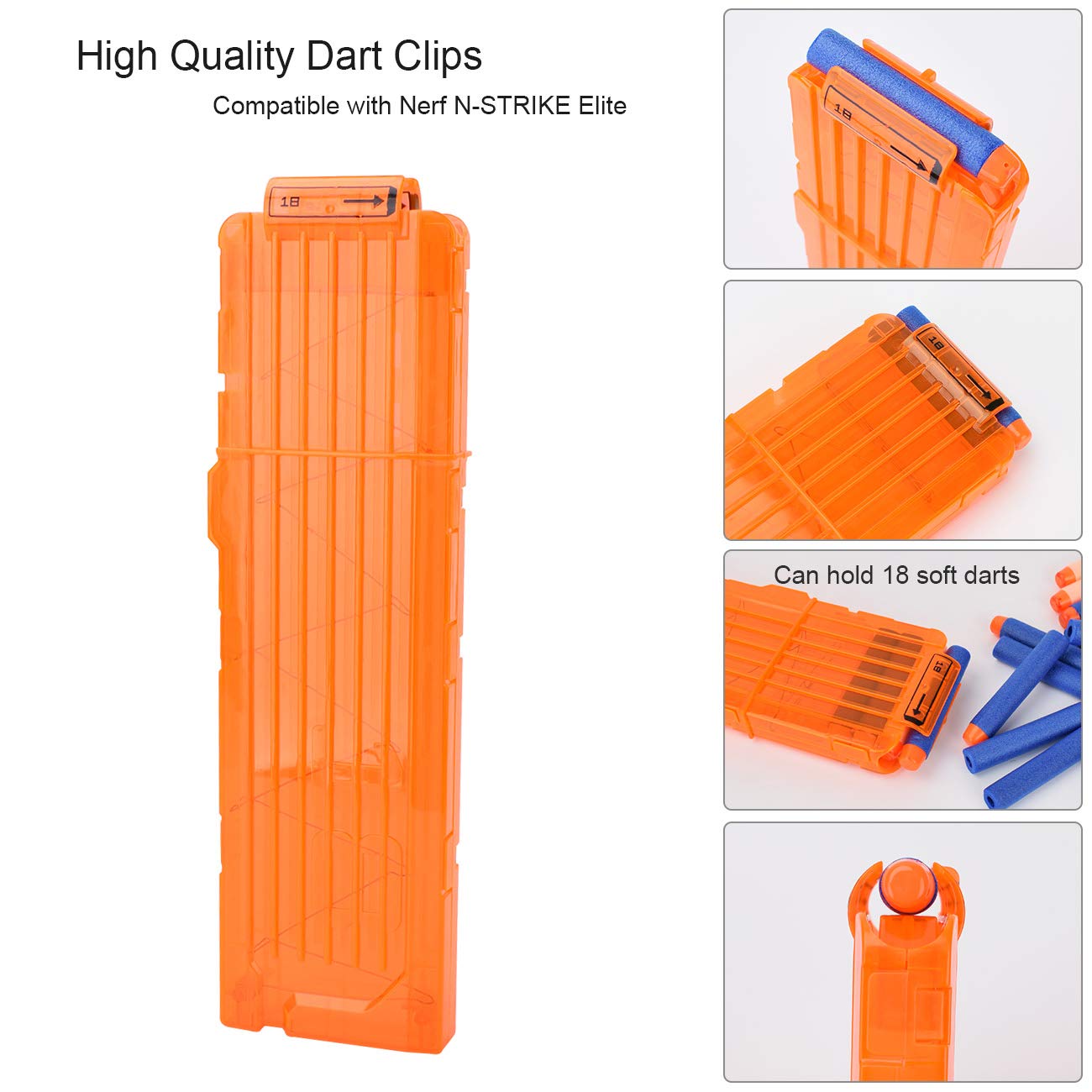 Soft Bullet Clips 18-Darts Quick Reload Magazine for Nerf Toy Dart Guns - 4 Pack Transparent Orange - Perfect for Nerf Battles, Target Practice & Kids Outdoor Play