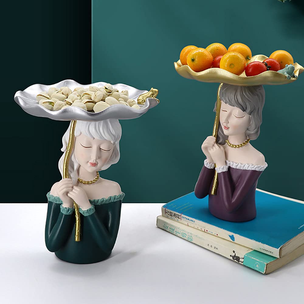 Nordic Style Resin Fruit & Candy Tray - Creative Storage Plate with Girl Sculpture, Modern Metal Key & Coin Holder for Living Room, Entryway, Desk Decor - Green, 17x23x27cm - Perfect for Home Decor, Party Serving & Organizing Small Items