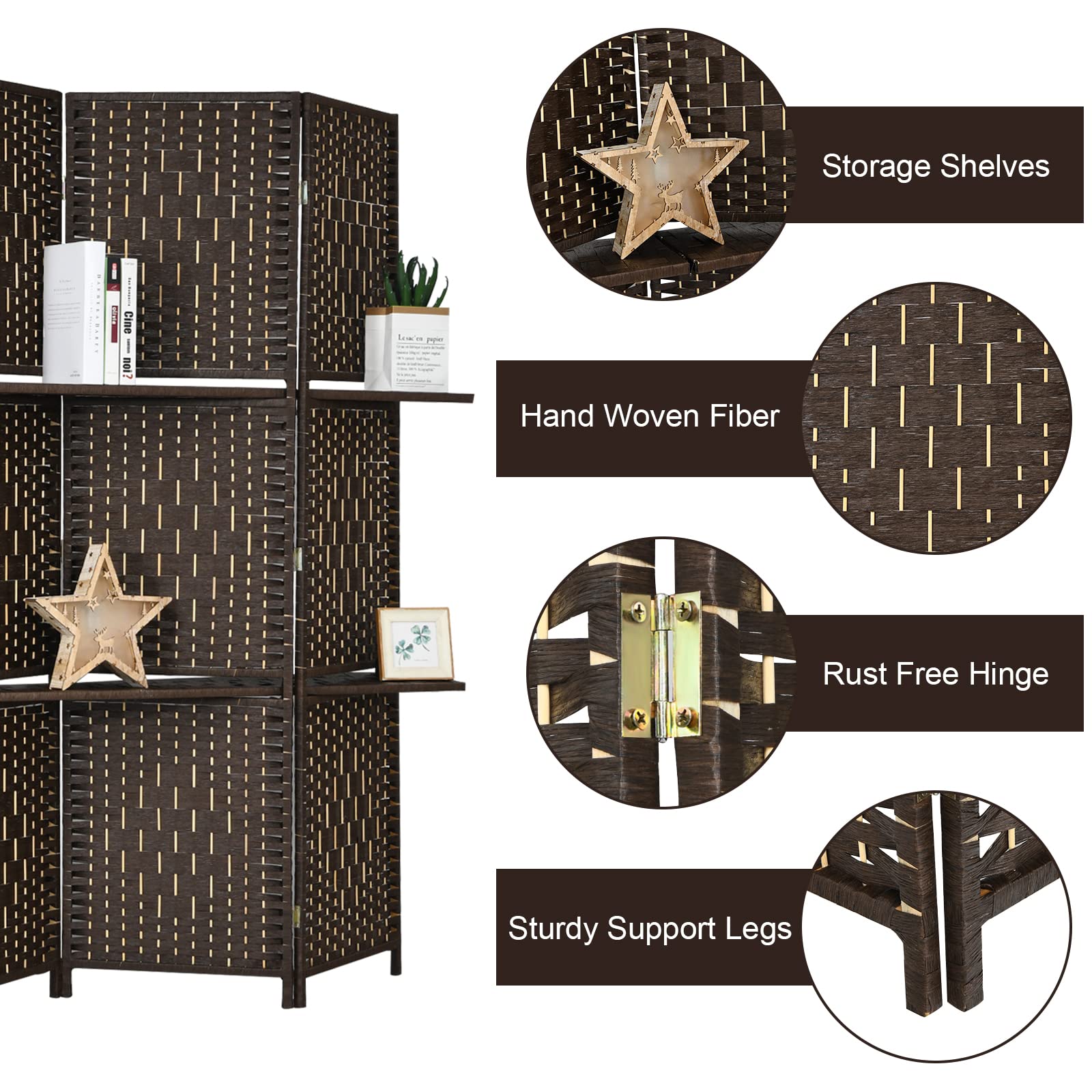 Giantex 6Ft 6-Panel Room Divider with Shelves - Hand-Woven Rattan Freestanding Folding Privacy Screen for Home, Office & Studio - Wooden Partition Wall for Room Separation | Perfect for Creating Private Spaces, Home Decor & Workspace Organization