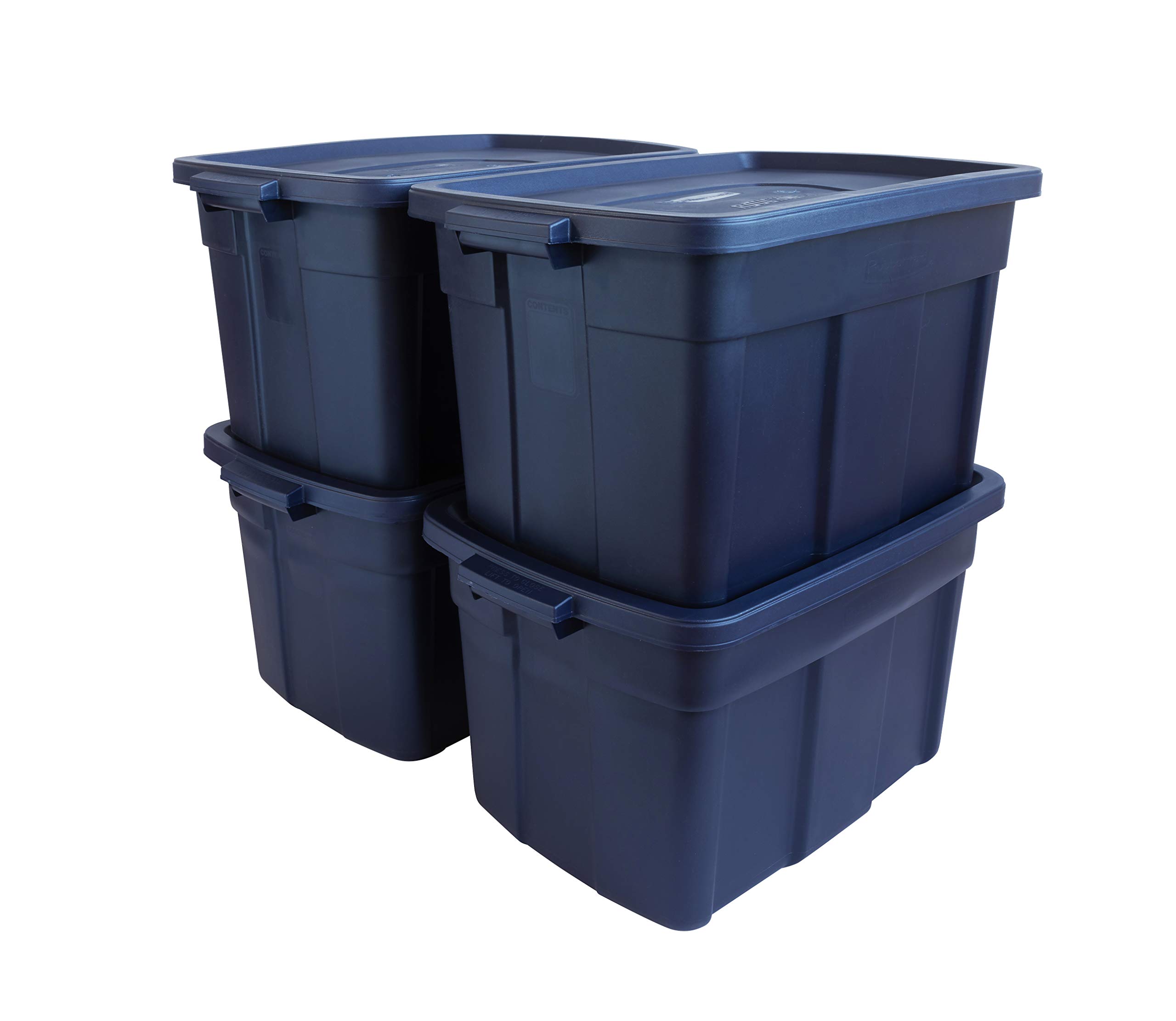 Rubbermaid Roughneck 25 Gallon Heavy-Duty Storage Totes (4-Pack) – Stackable Plastic Bins with Lids & Handles, Made in USA – Dark Indigo Metallic – Ideal for Garage Organization, Moving Supplies & Home Storage Solutions