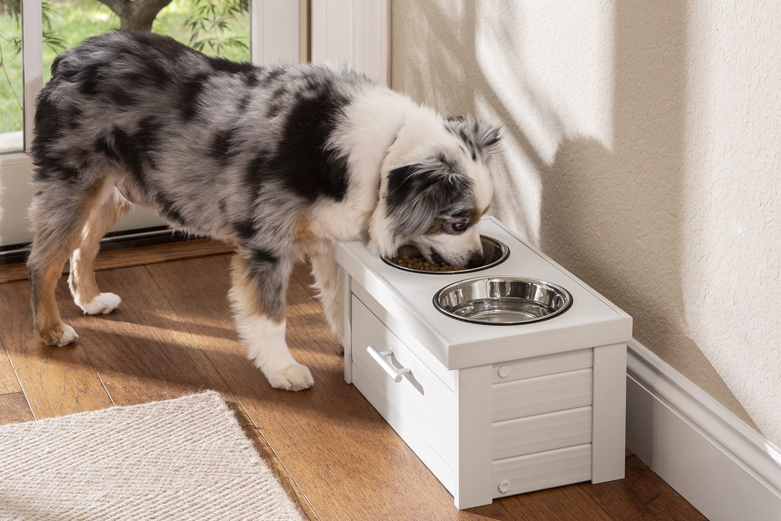 ECOFLEX Piedmont 2-Bowl Dog Diner with Storage Drawer - Antique White | Elevated Raised Dog Bowls for Large Dogs | Perfect for Dining Room or Kitchen Feeding Station