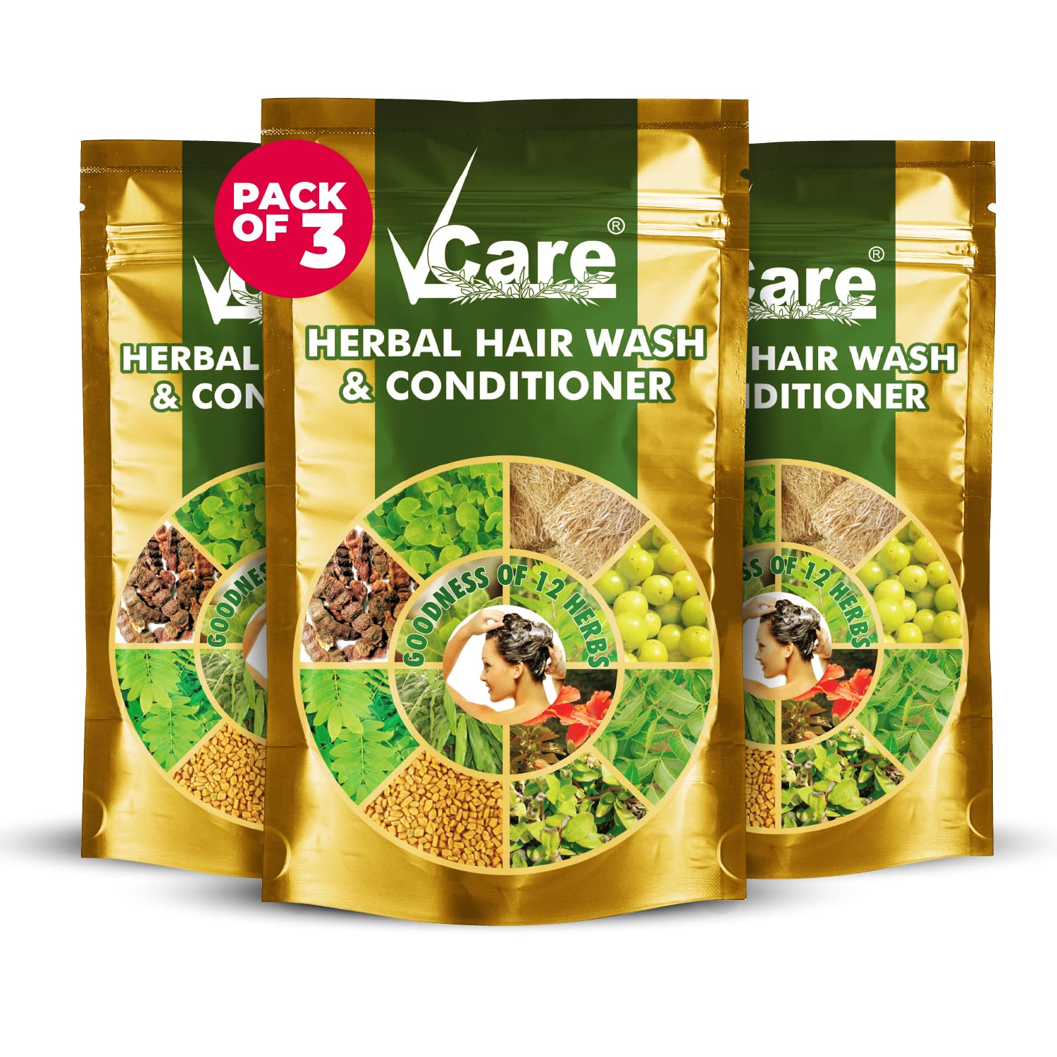 VCare Herbal Hair Wash & Conditioner for Men & Women - 100% Natural with 12+ Herbs (Amla, Shikakai, Bhringraj, Hibiscus) for All Hair Types - 100g (Pack of 3) | Promotes Hair Growth, Reduces Dandruff & Adds Shine - Perfect for Daily Hair Care Routine