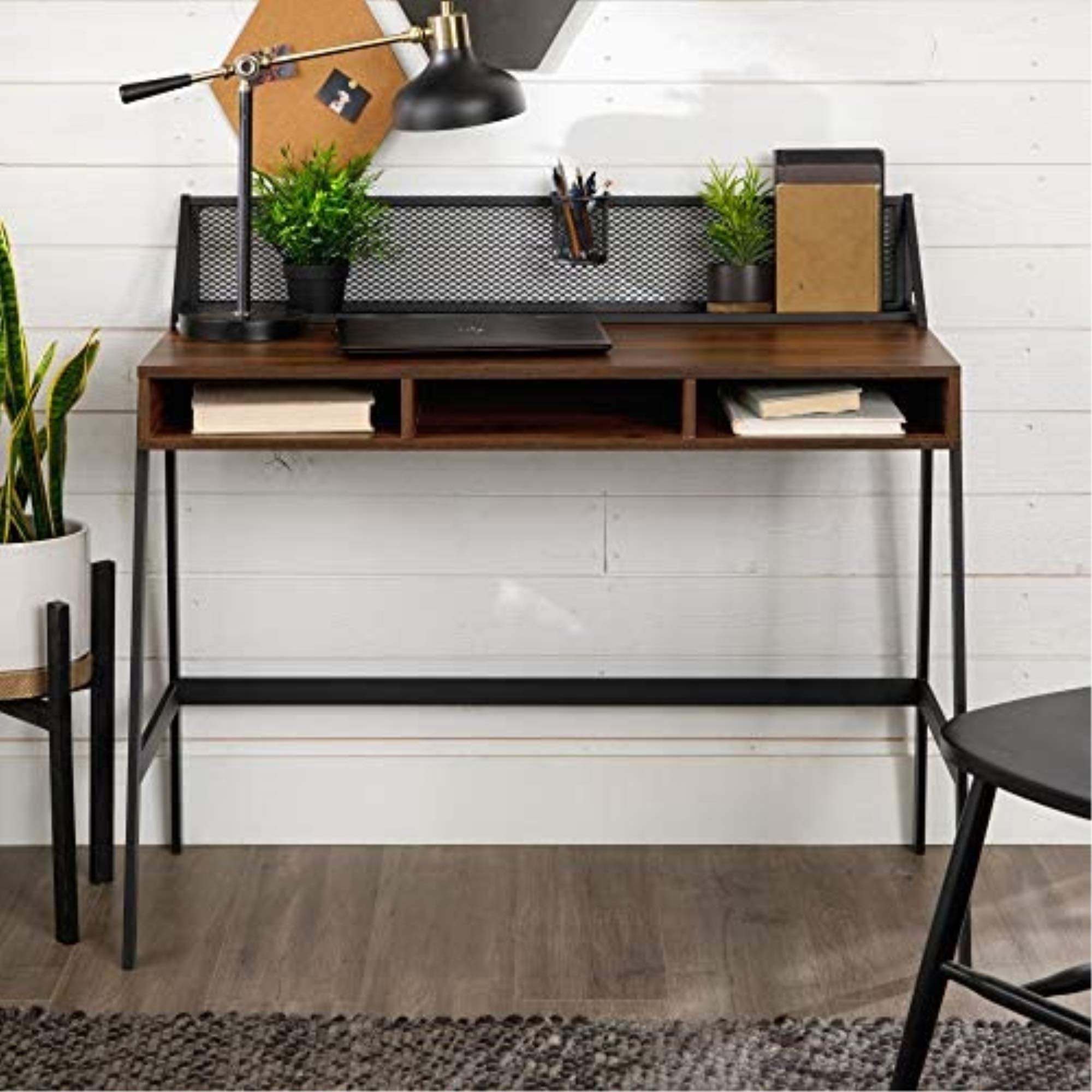 Walker Edison 42 Inch Industrial Mesh Wood Laptop Desk - Dark Walnut Home Office Workstation for Small Spaces, Compact Writing Table for Modern Living Rooms and Dorm Rooms