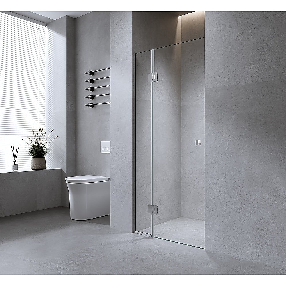 120cm Frameless Shower Screen with White Channel & Stainless Steel Hinges - Square Double Pull Handle for Modern Bathroom - Perfect for Wall to Wall Installation in Home or Hotel Bathrooms