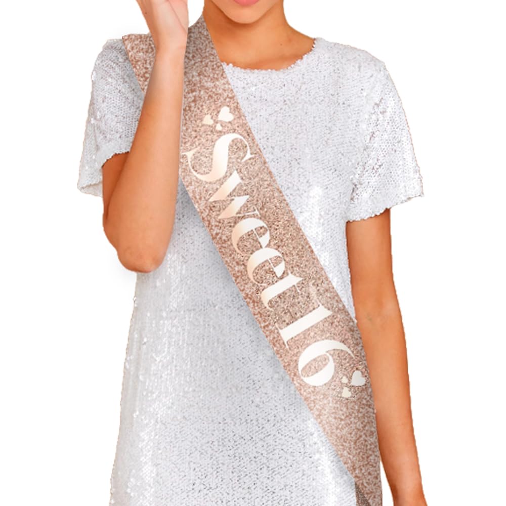 Sweet 16 Rose Gold Birthday Sash for Girls - Sparkly 16th Birthday Party Decorations & Sweet Sixteen Celebration Accessories - Perfect for Quinceañera, Bridal Showers & Special Occasions
