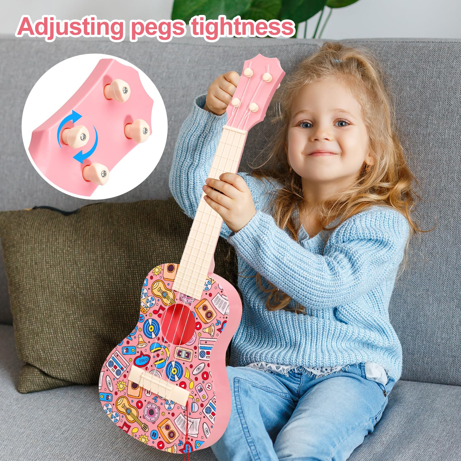 LeeQee 21-Inch Colorful Graffiti Ukulele Guitar for Kids - 4-String Beginner Musical Instrument with Picks, Perfect Learning Toy for Boys & Girls Ages 3-12 (Pink) | Great for Birthday Gifts, Music Lessons & Family Fun