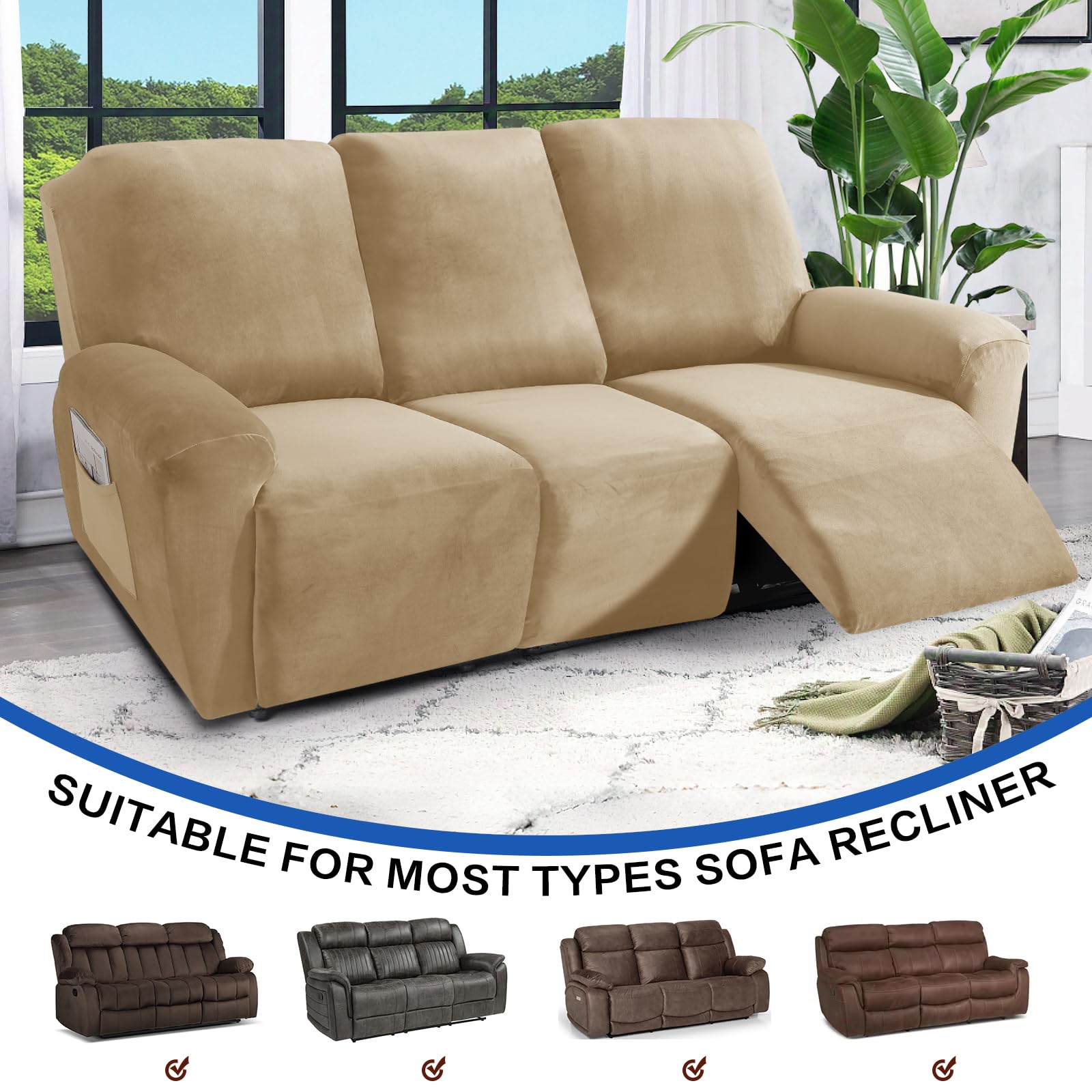 MAXIJIN 8-Piece Stretch Velvet Recliner Sofa Cover Set - Soft, Thick & Washable Slipcovers for 3-Cushion Reclining Couches (Camel Color) - Perfect for Living Room, Home Theater & Family Room Furniture Protection