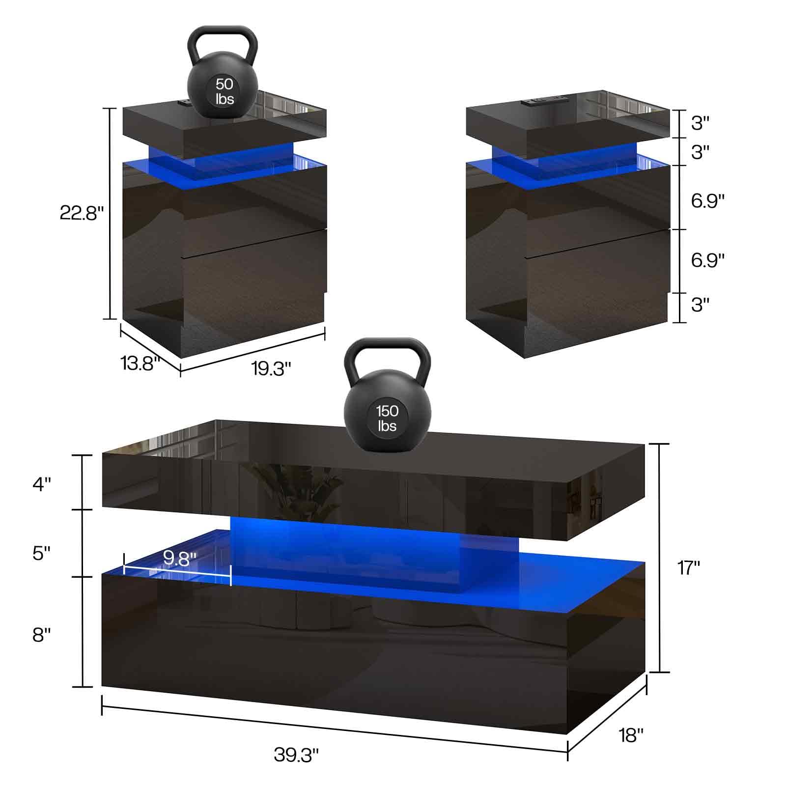 Modern 3-Piece High Gloss Coffee Table Set with LED Lights & Storage - Includes 2 End Tables with USB Charging Stations - Perfect for Living Room, Office, or Modern Home Decor - Black Contemporary Furniture Set