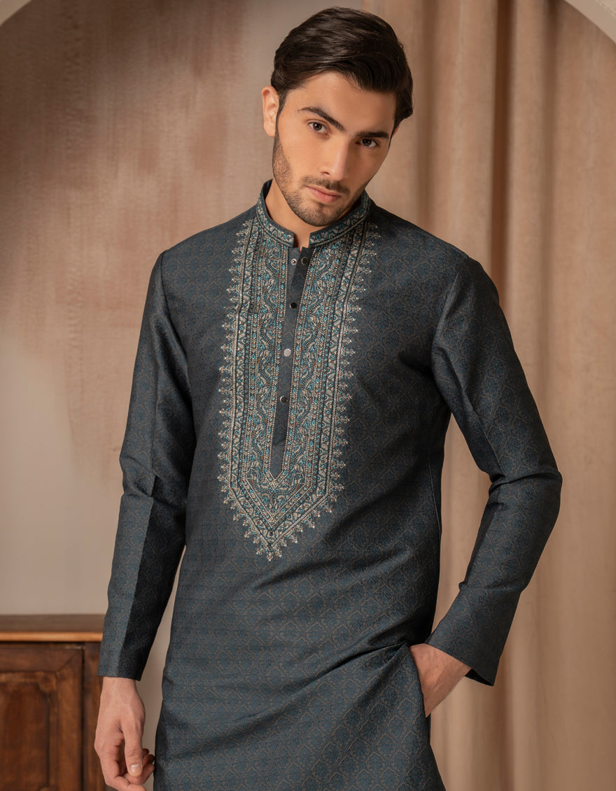 Blended Teal Blue Special Kurta by J. Junaid Jamshed | Stylish Pakistani Traditional Dress for Men | Perfect for Eid, Weddings & Special Occasions